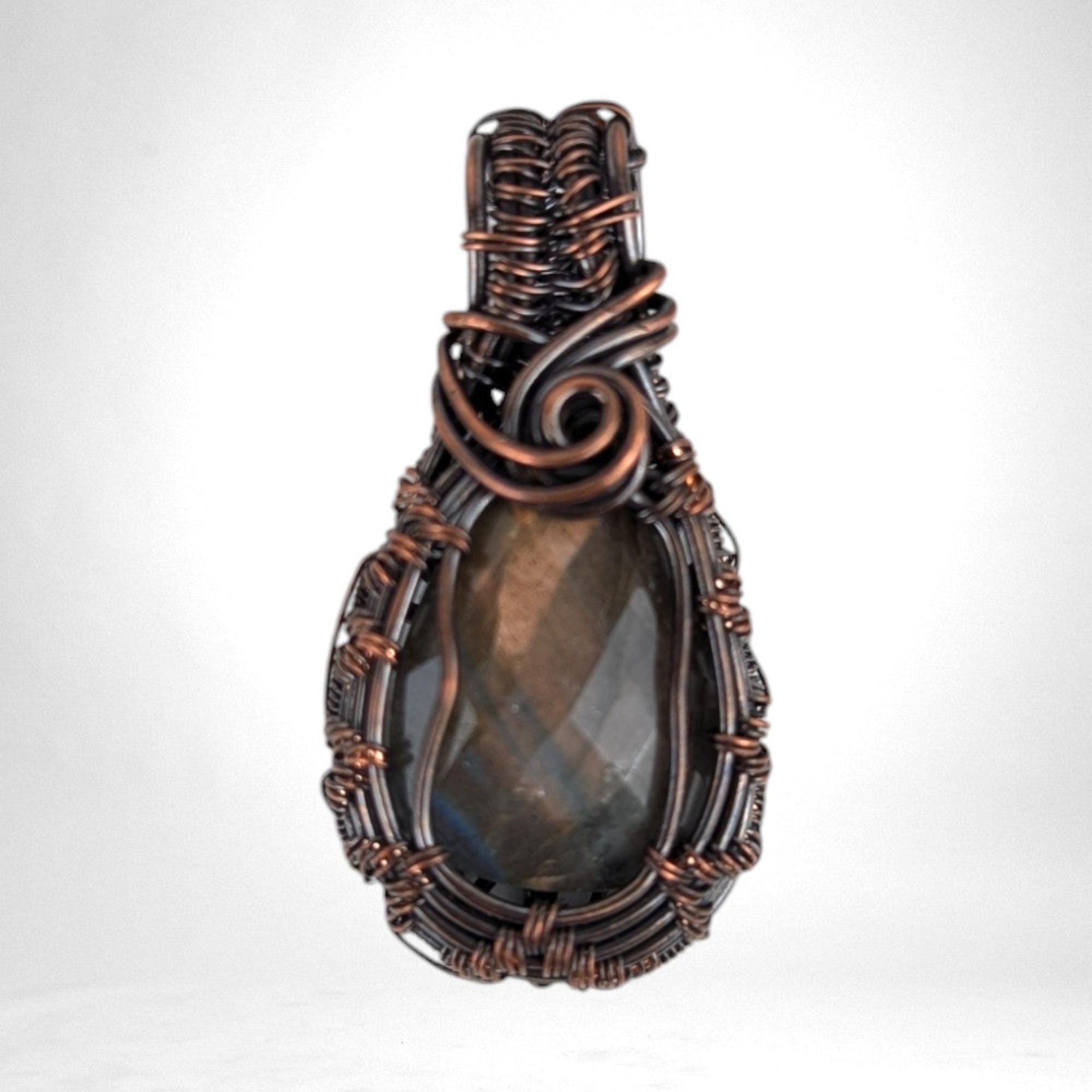 Handmade Copper Wire Wrapped Labradorite Pendant | Checker Cut | 1 3/4" | Antiqued Finish | No Chain