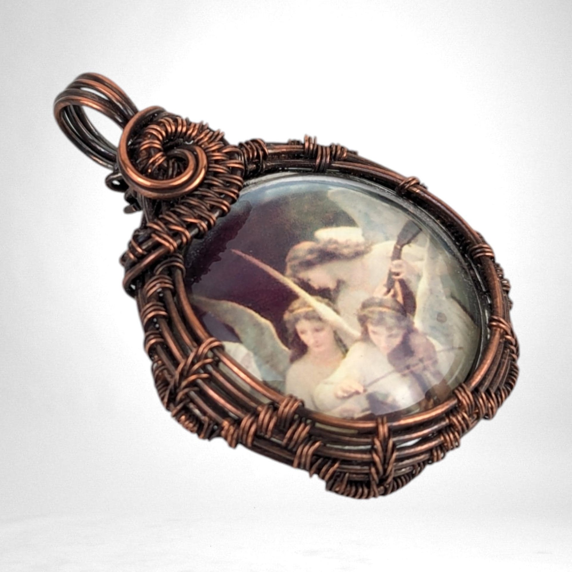 Handmade Copper Wire Wrapped Angelic Pendant, Antiqued Glass, Spiritual Jewelry, Unique Gift, One-of-a-Kind