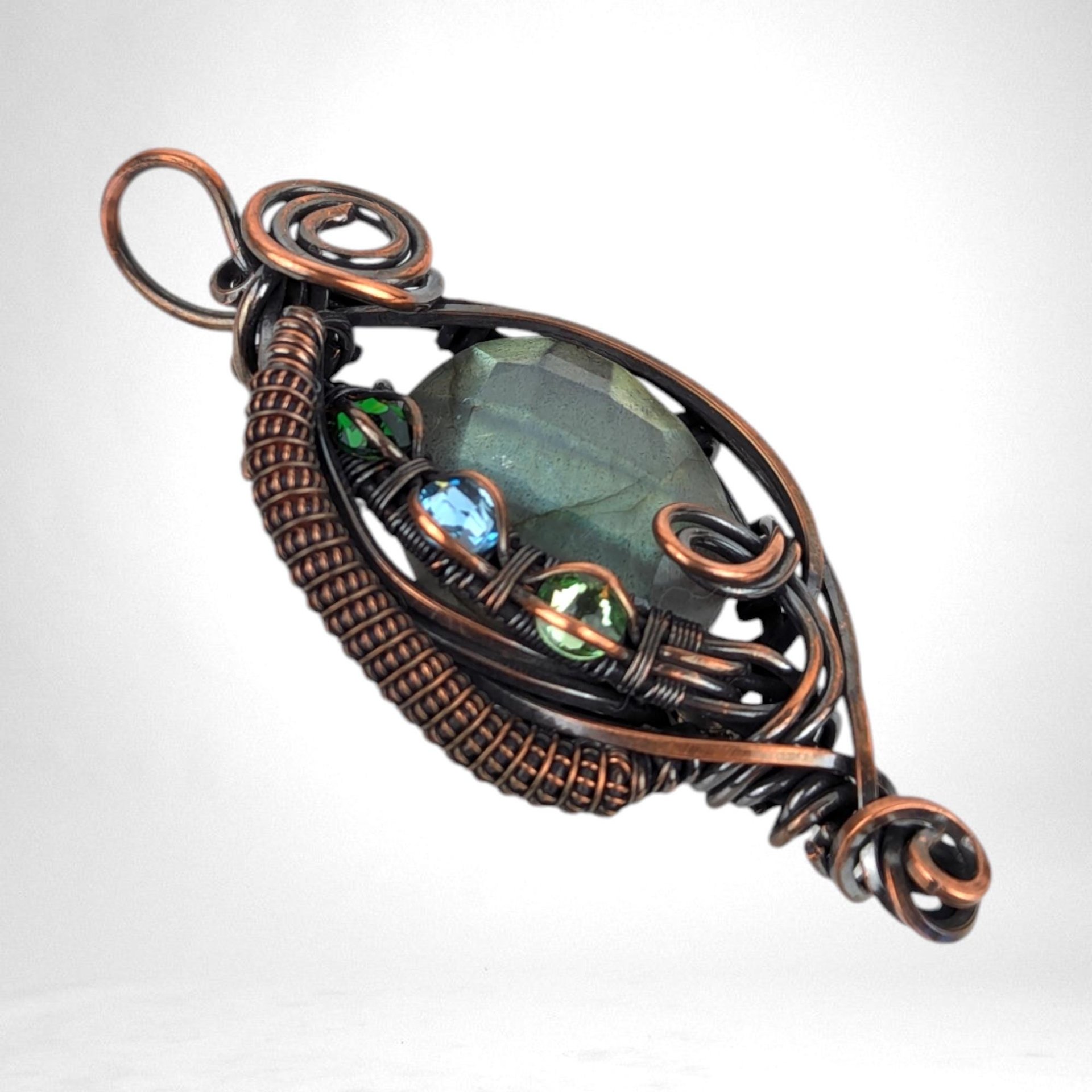 Handmade Copper Wire Wrapped Checkered Labradorite Pendant with Crystals, Unique Crystal Jewelry, Gift Idea