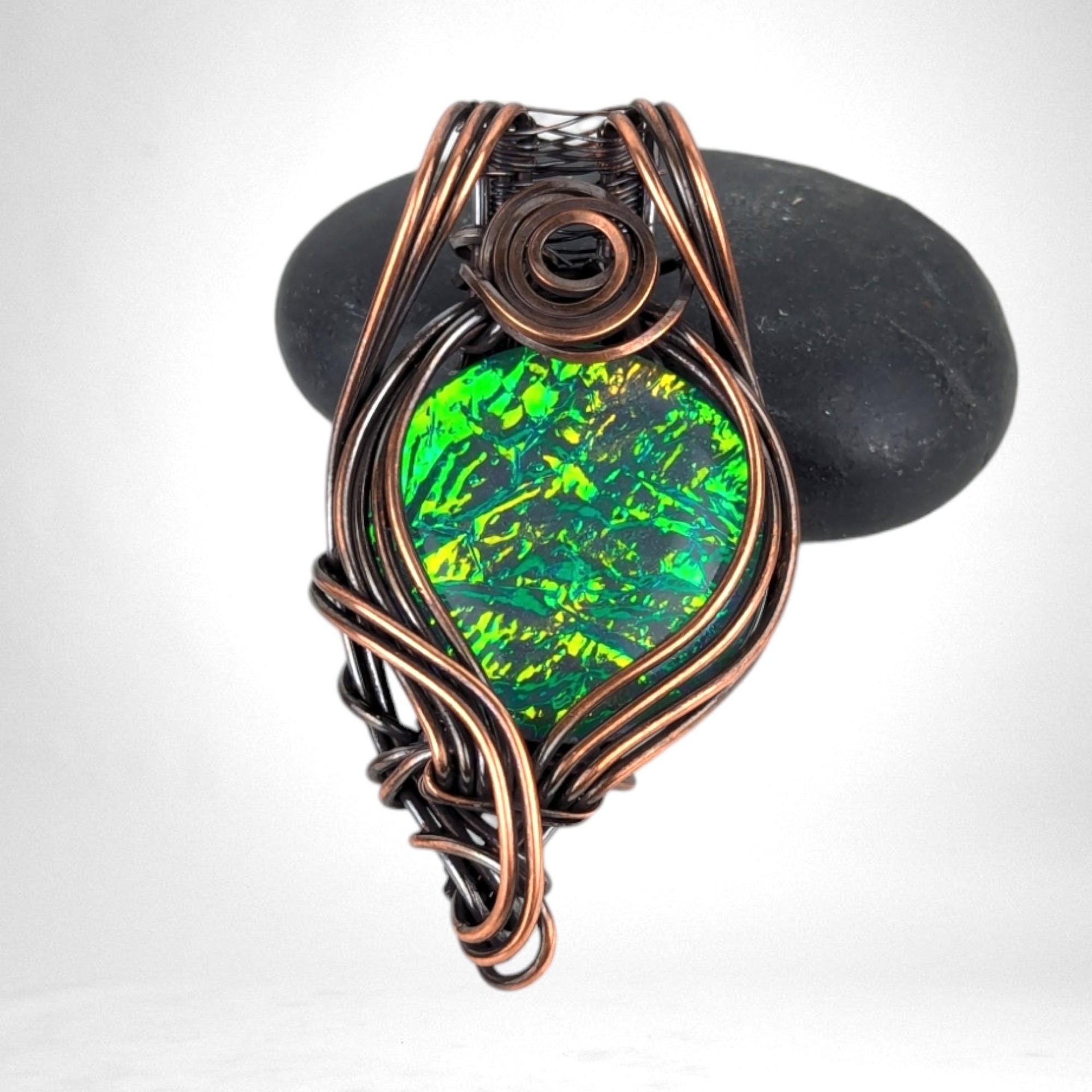Handmade Copper Wire Wrapped Immitation Opal Green Glass Pendant, Unique Artisan Jewelry