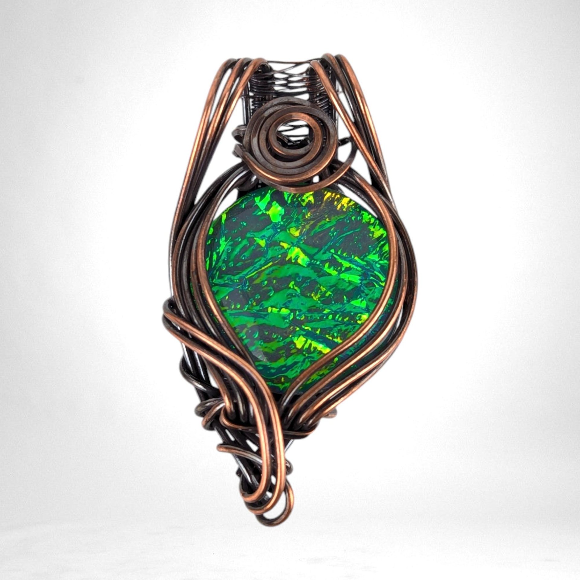 Handmade Copper Wire Wrapped Immitation Opal Green Glass Pendant, Unique Artisan Jewelry