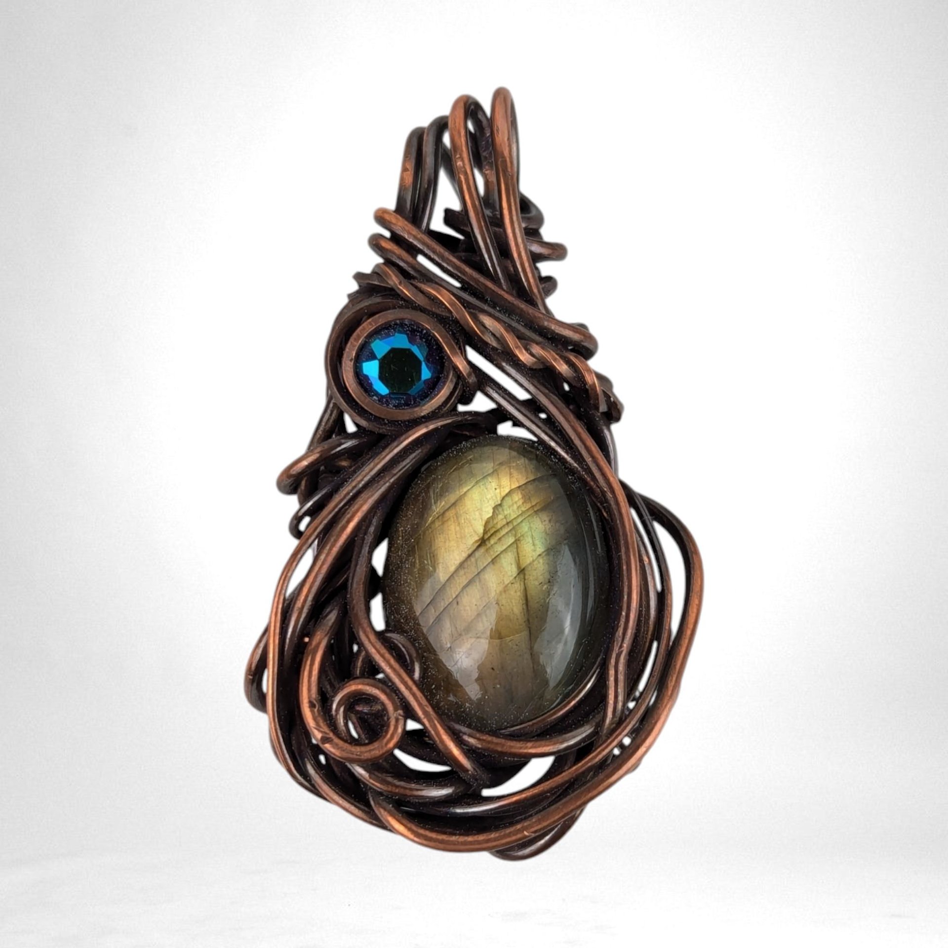 Handmade Copper Wire Wrapped Labradorite Pendant with Crystal Accent, Unique Gemstone Jewelry, Mystical Gift Idea