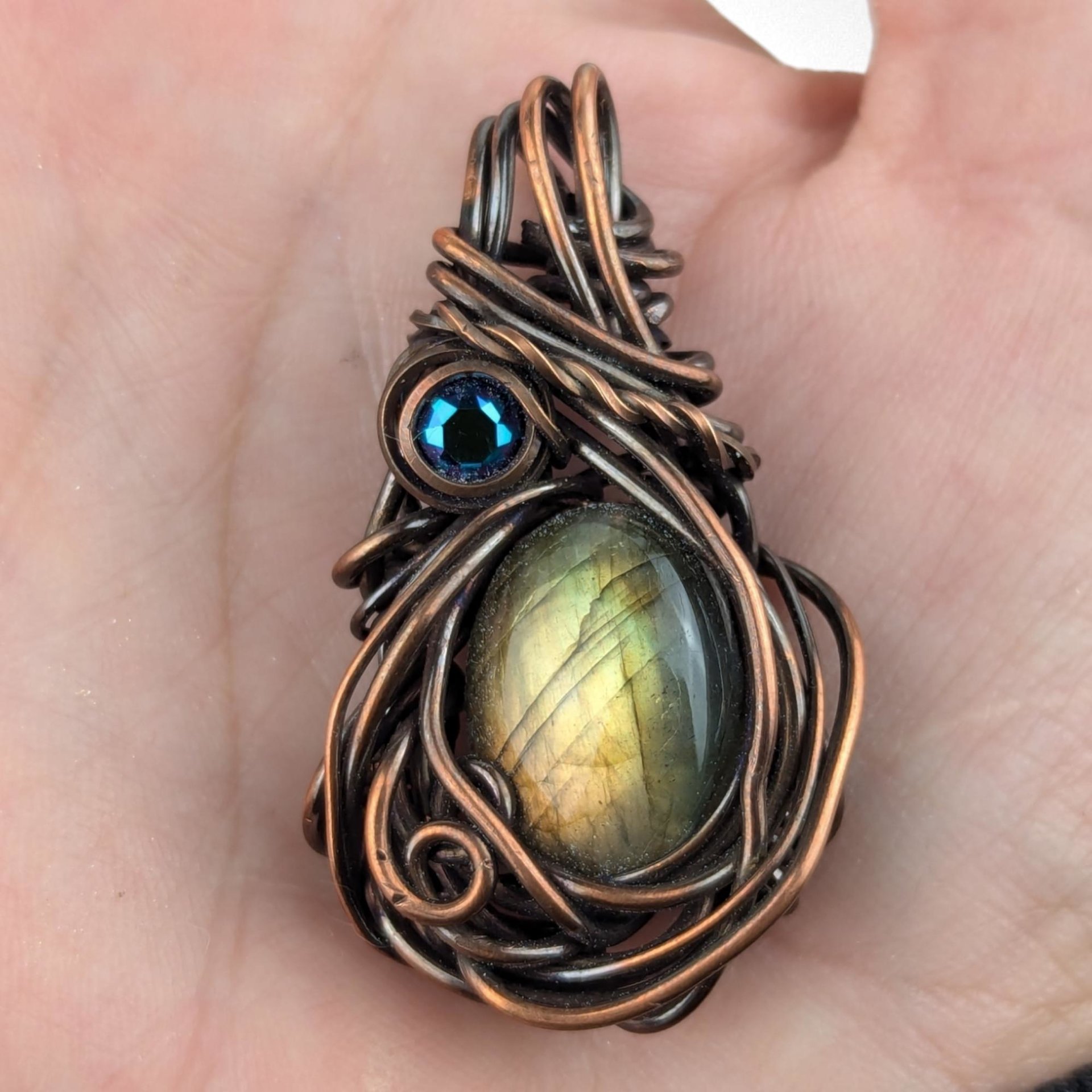 Handmade Copper Wire Wrapped Labradorite Pendant with Crystal Accent, Unique Gemstone Jewelry, Mystical Gift Idea