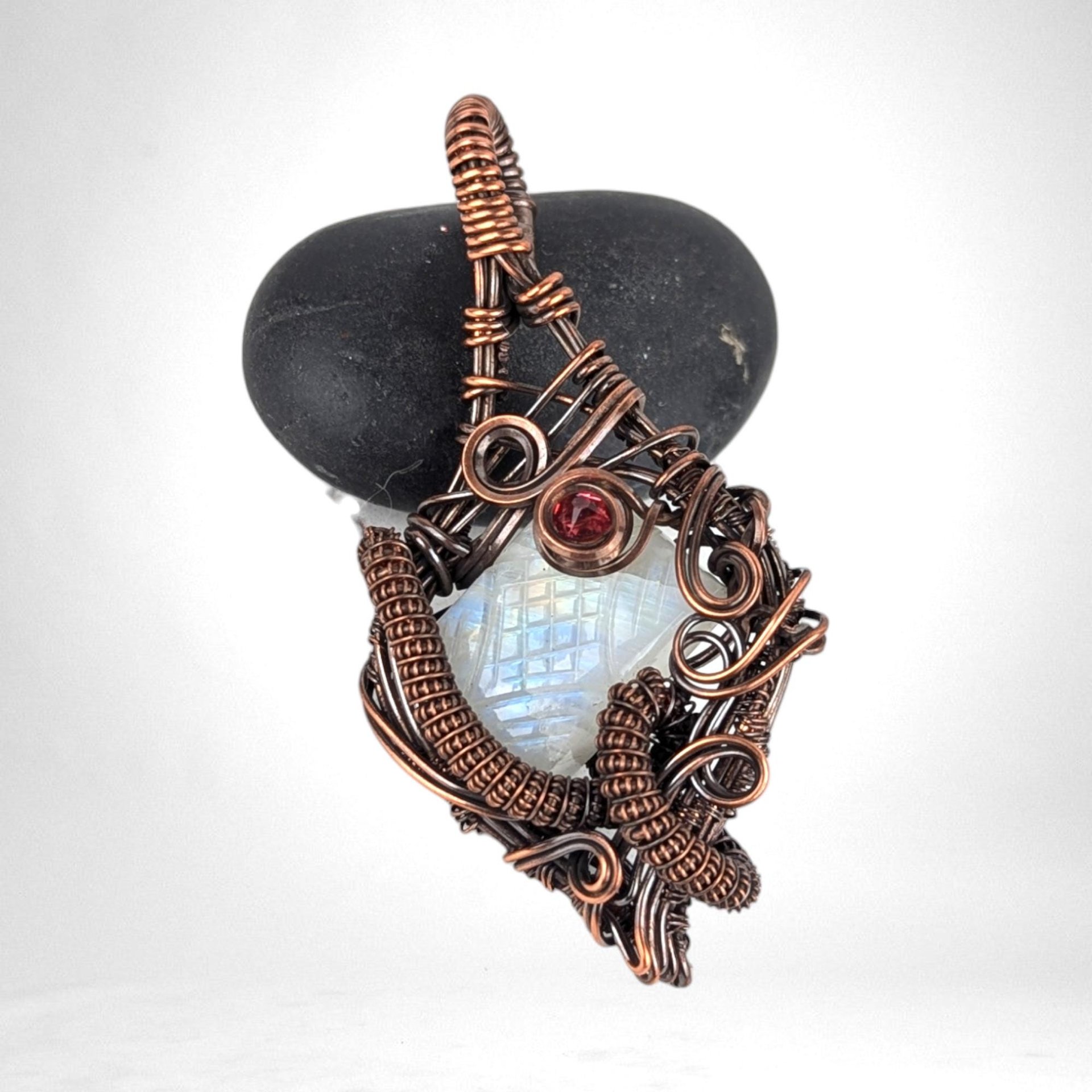 Handmade Copper Wire Wrapped Moonstone Pendant | Carved Moonstone with Pink Crystal Accent | Antiqued Copper | Unique Gift