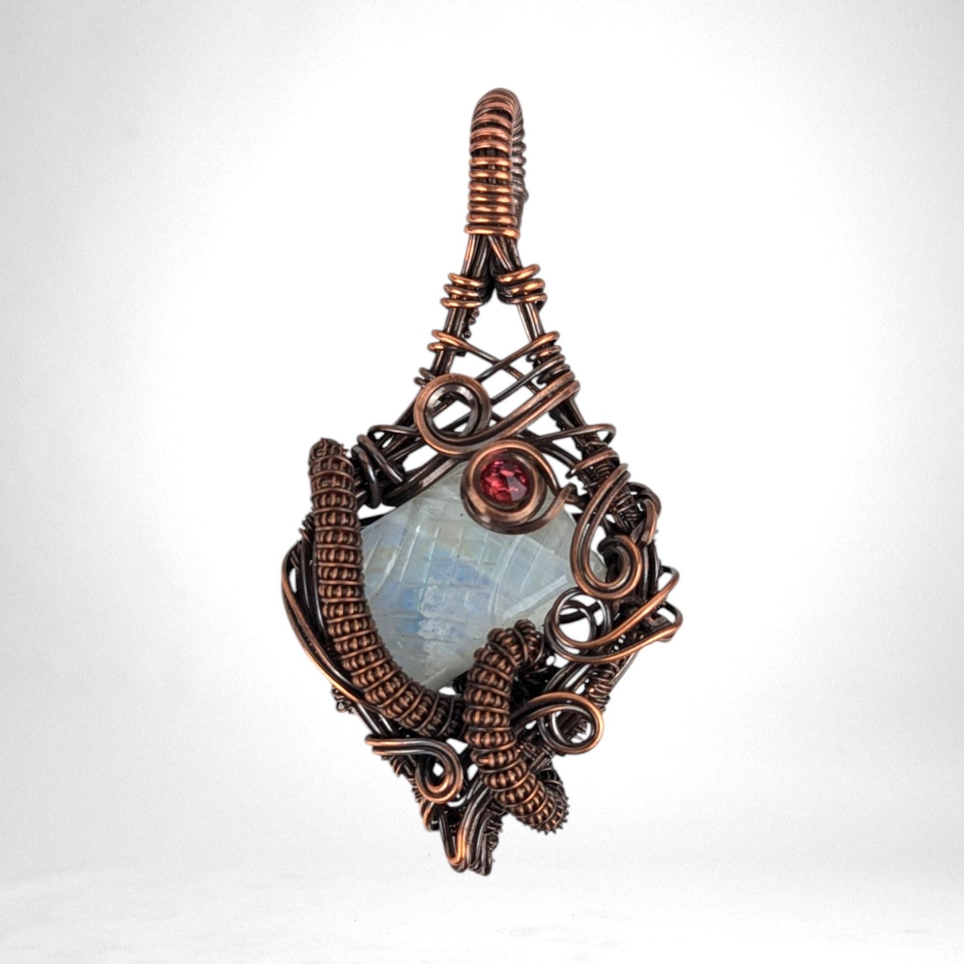 Handmade Copper Wire Wrapped Moonstone Pendant | Carved Moonstone with Pink Crystal Accent | Antiqued Copper | Unique Gift