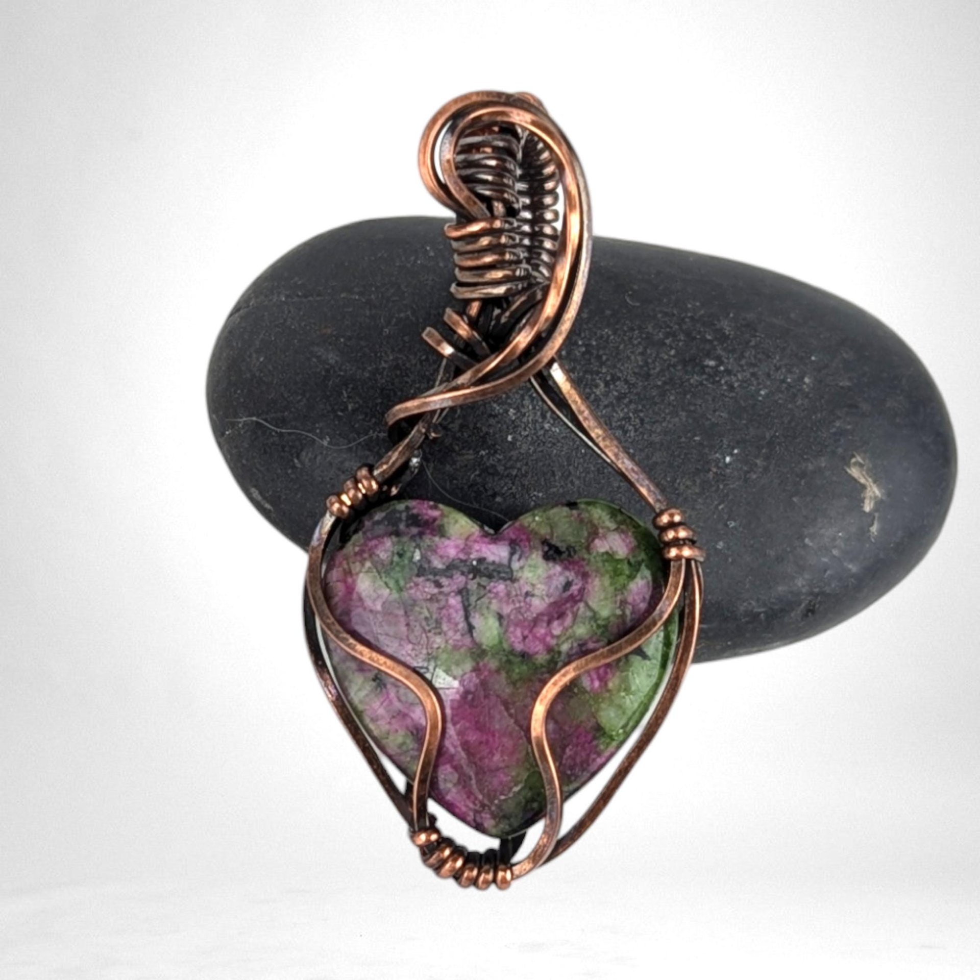 Handmade Copper Wire Wrapped Ruby in Fuchsite Heart Pendant | Unique Gemstone Jewelry | Antiqued Copper | Gift for Love and Harmony
