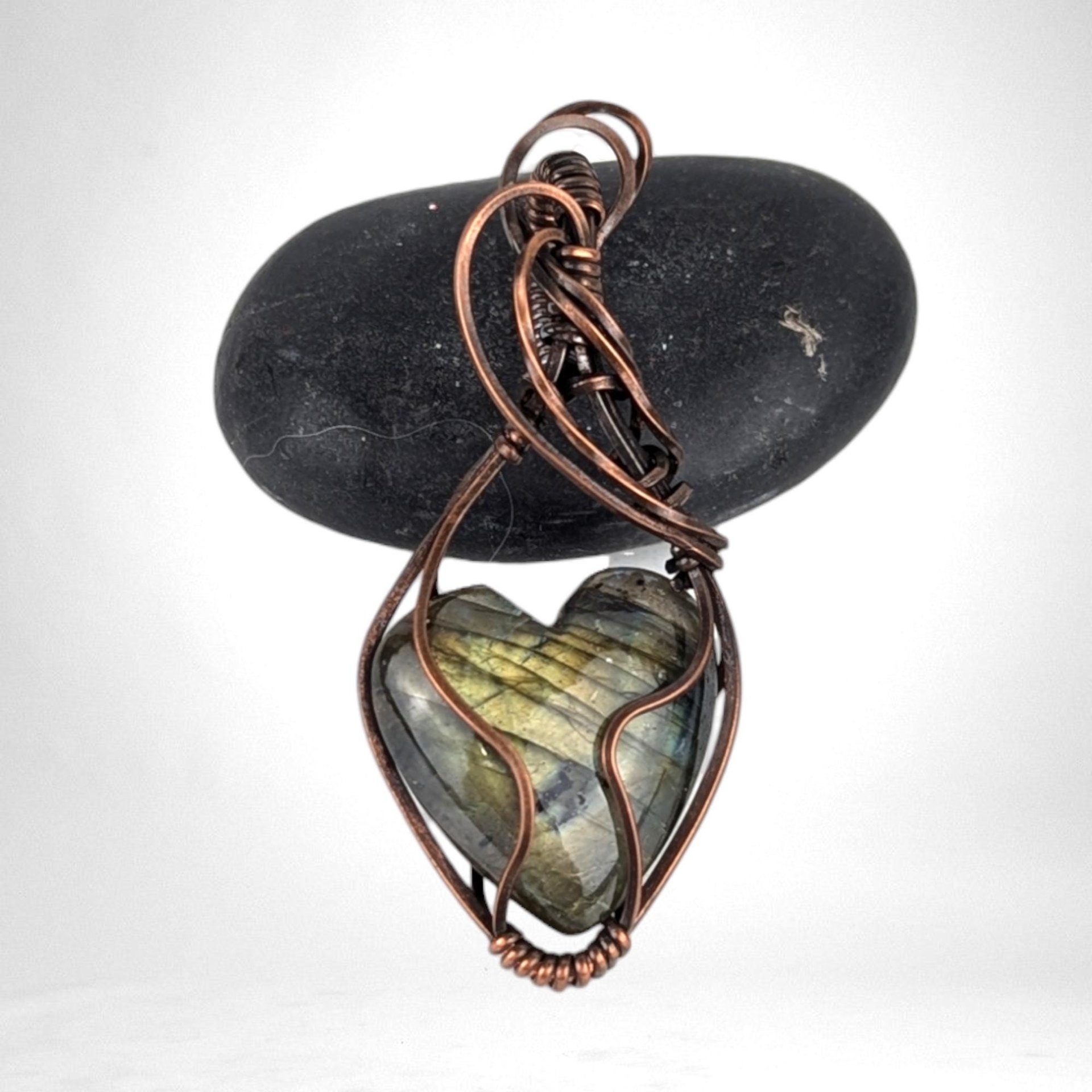 Handmade Copper Wire Wrapped Labradorite Heart Pendant | Unique Gemstone Jewelry | Antiqued Copper | Gift for Her