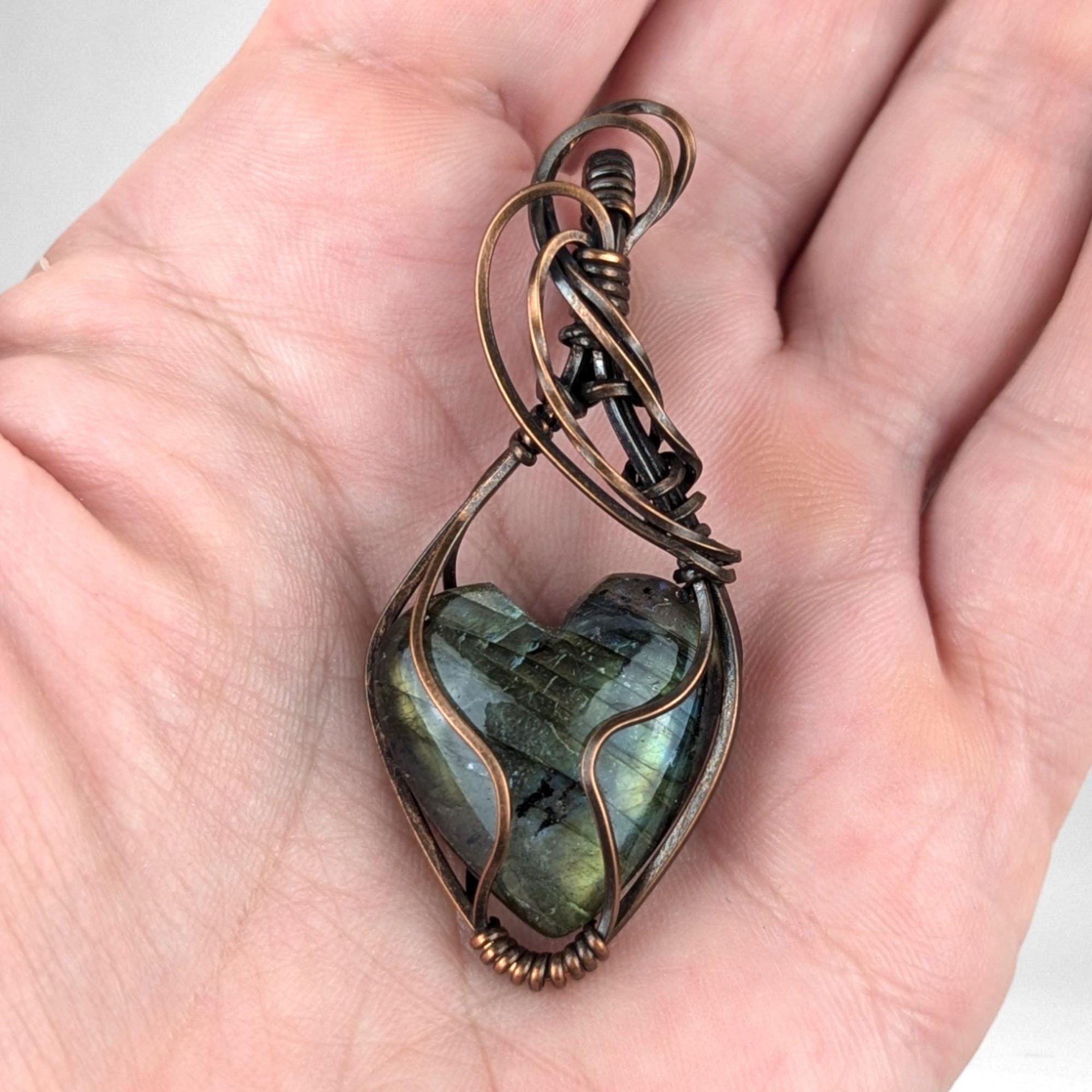 Handmade Copper Wire Wrapped Labradorite Heart Pendant | Unique Gemstone Jewelry | Antiqued Copper | Gift for Her