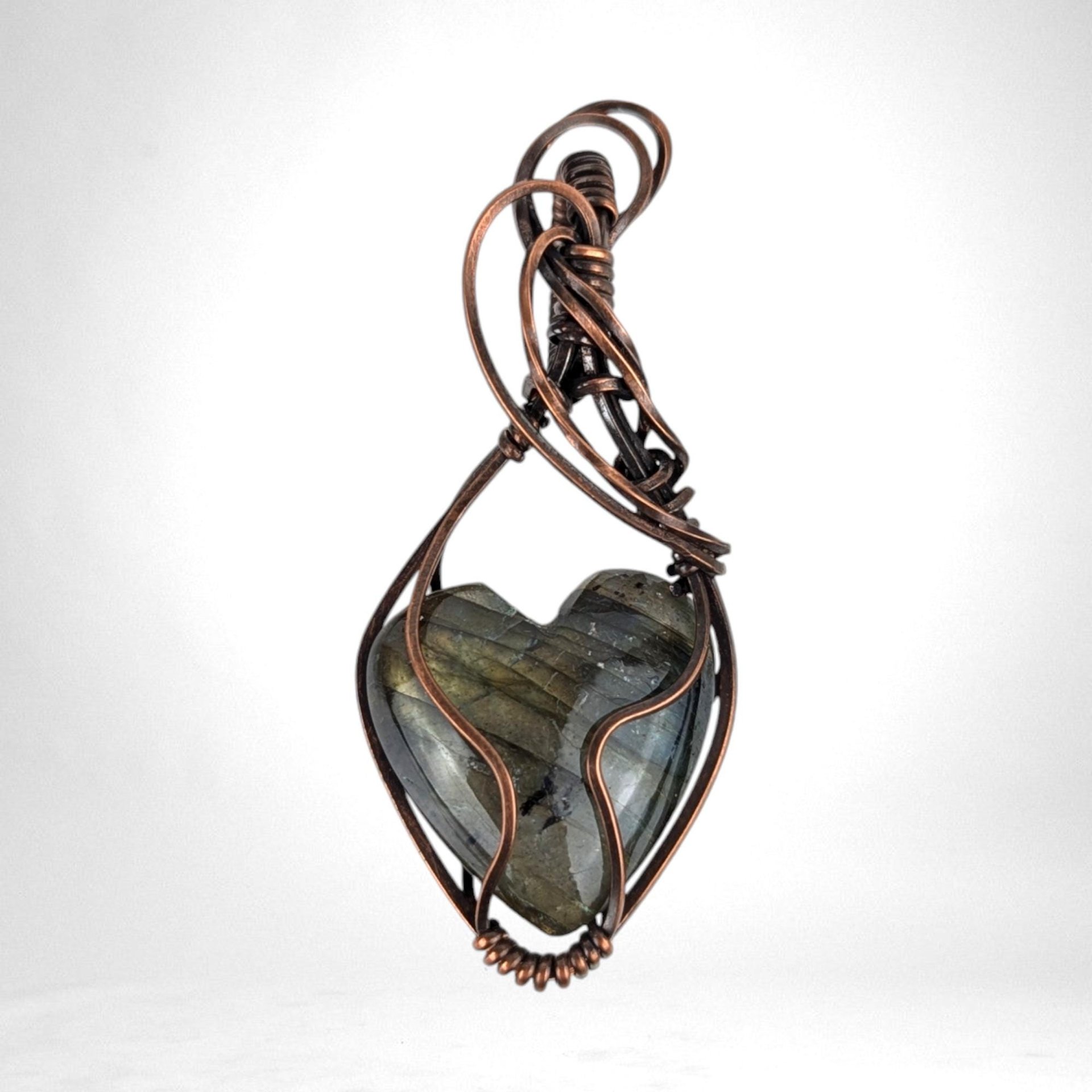 Handmade Copper Wire Wrapped Labradorite Heart Pendant | Unique Gemstone Jewelry | Antiqued Copper | Gift for Her