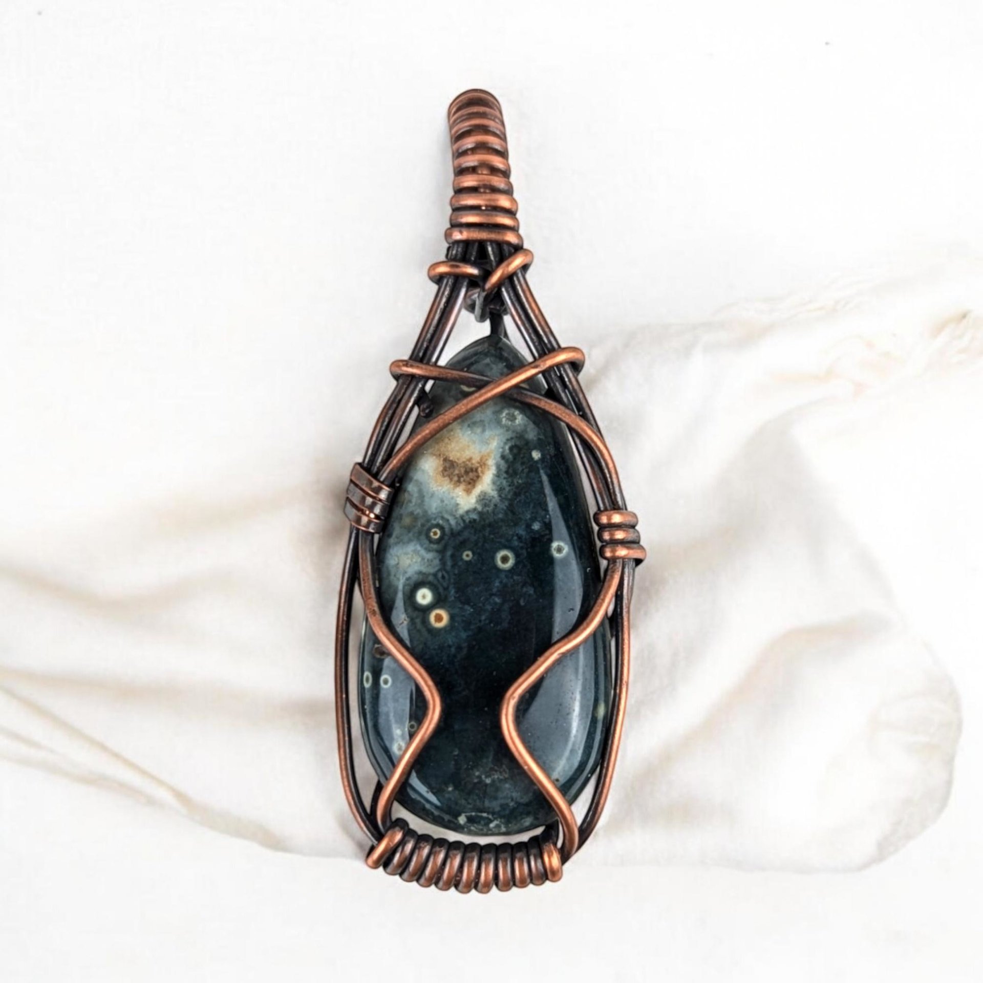 Ocean Jasper Pendant, Copper Wire Wrapped Pendant, Antiqued Copper Jewelry, Handmade Pendant, Green Blue Pendant