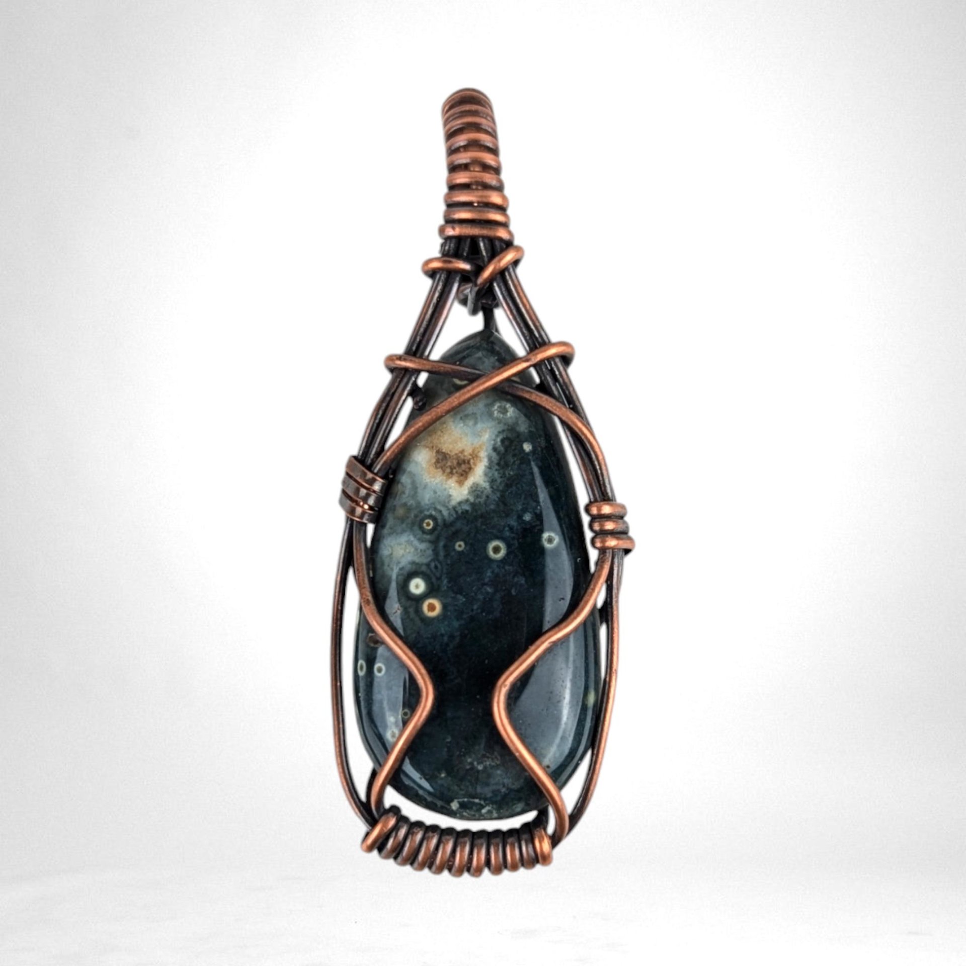 Ocean Jasper Pendant, Copper Wire Wrapped Pendant, Antiqued Copper Jewelry, Handmade Pendant, Green Blue Pendant