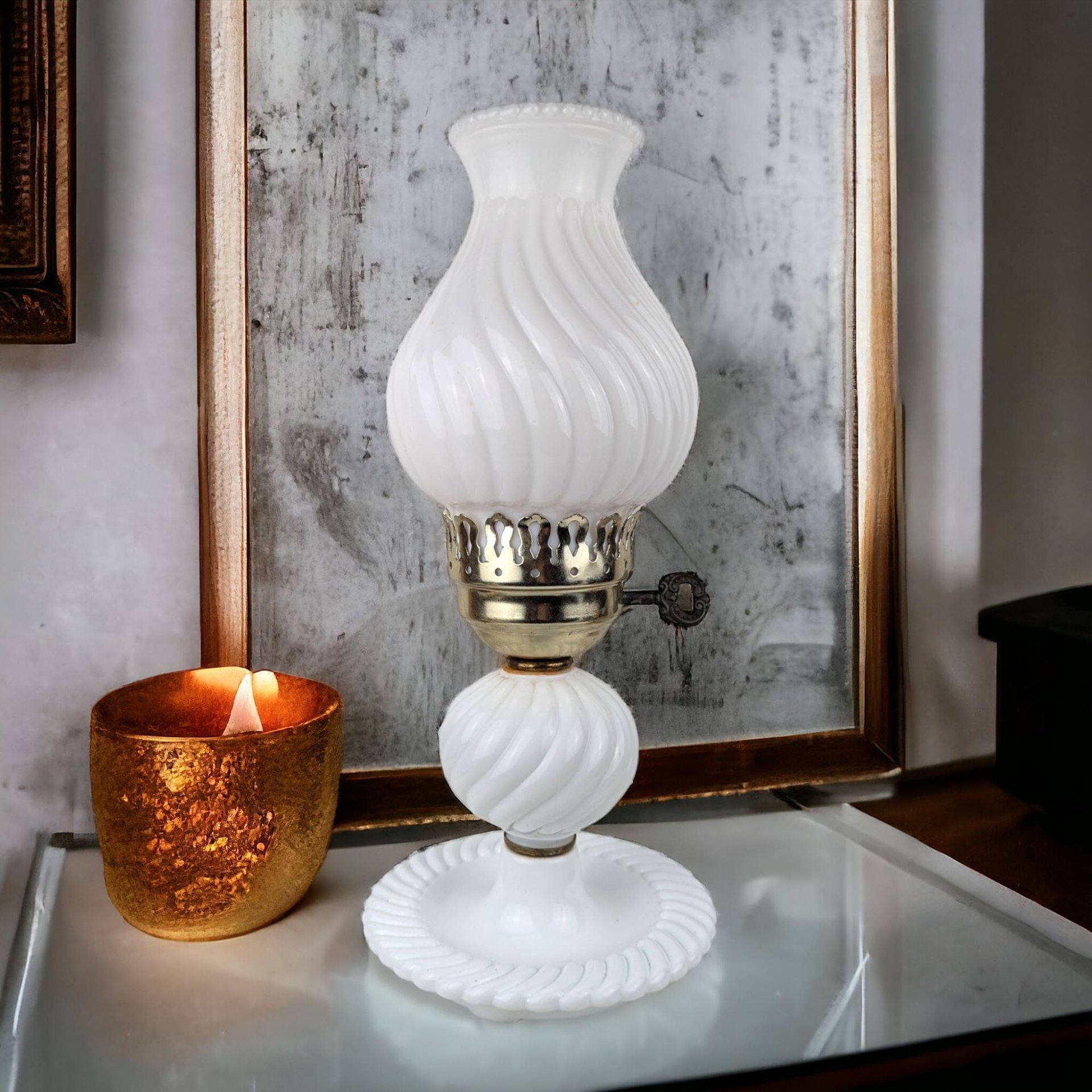 Vintage Milk Glass Lamp, Swirl, Boudoir Lamp, Bedside Lamp, Vanity Lamp, Farmhouse Chic, Cottagecore, 13.5" Tall, Rewiring Recommended