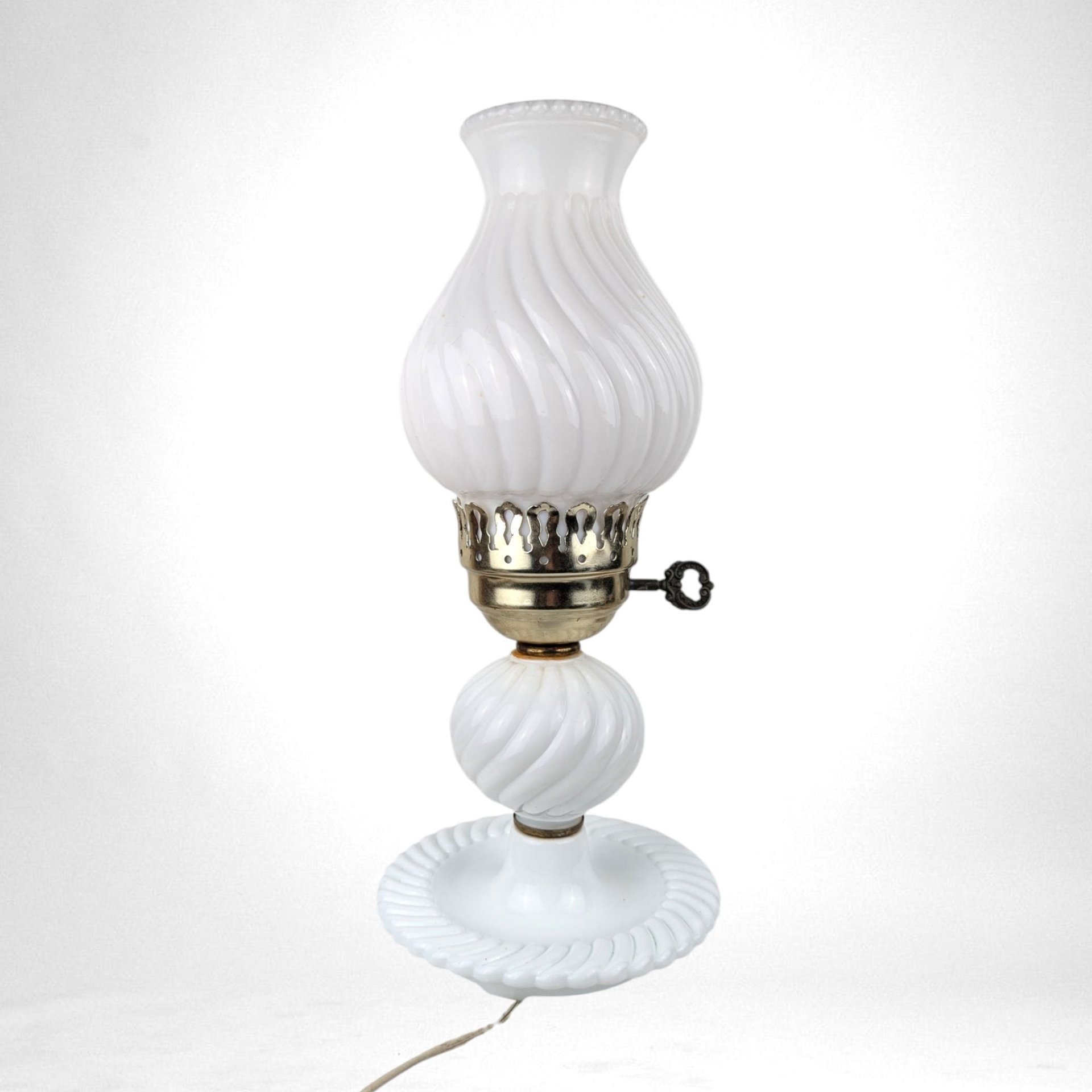 Vintage Milk Glass Lamp, Swirl, Boudoir Lamp, Bedside Lamp, Vanity Lamp, Farmhouse Chic, Cottagecore, 13.5" Tall, Rewiring Recommended