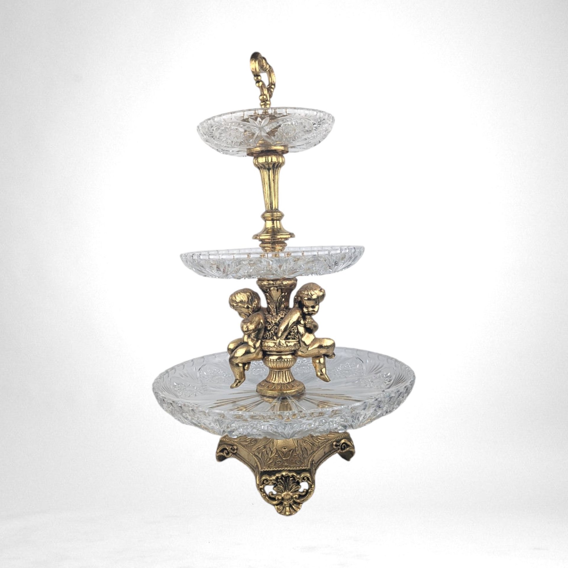 Vintage 3-Tier Brass & Glass Cherub Serving Stand, 18" High, Dessert Stand, Wedding Centerpiece, Unique Home Decor