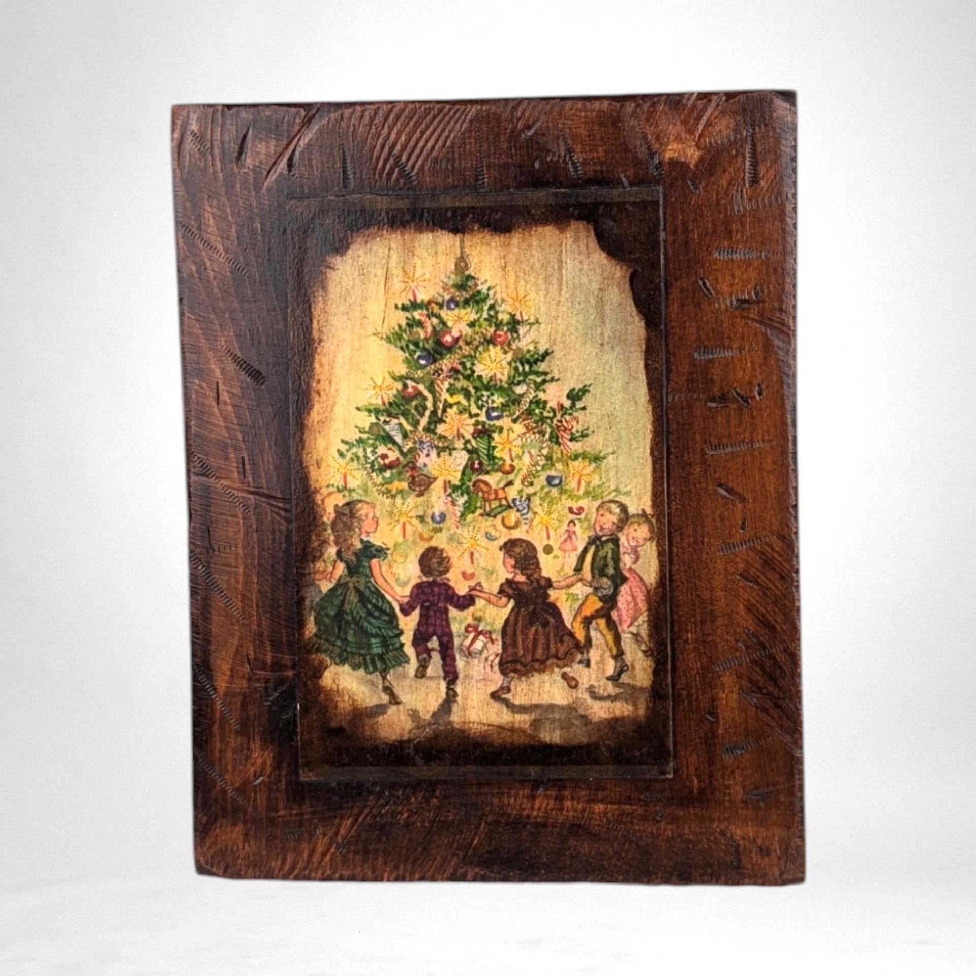 Vintage Wooden Plaque with Christmas Scene | Rustic Holiday Decor | Wall Hanging | 8 1/2" x 6 1/2"