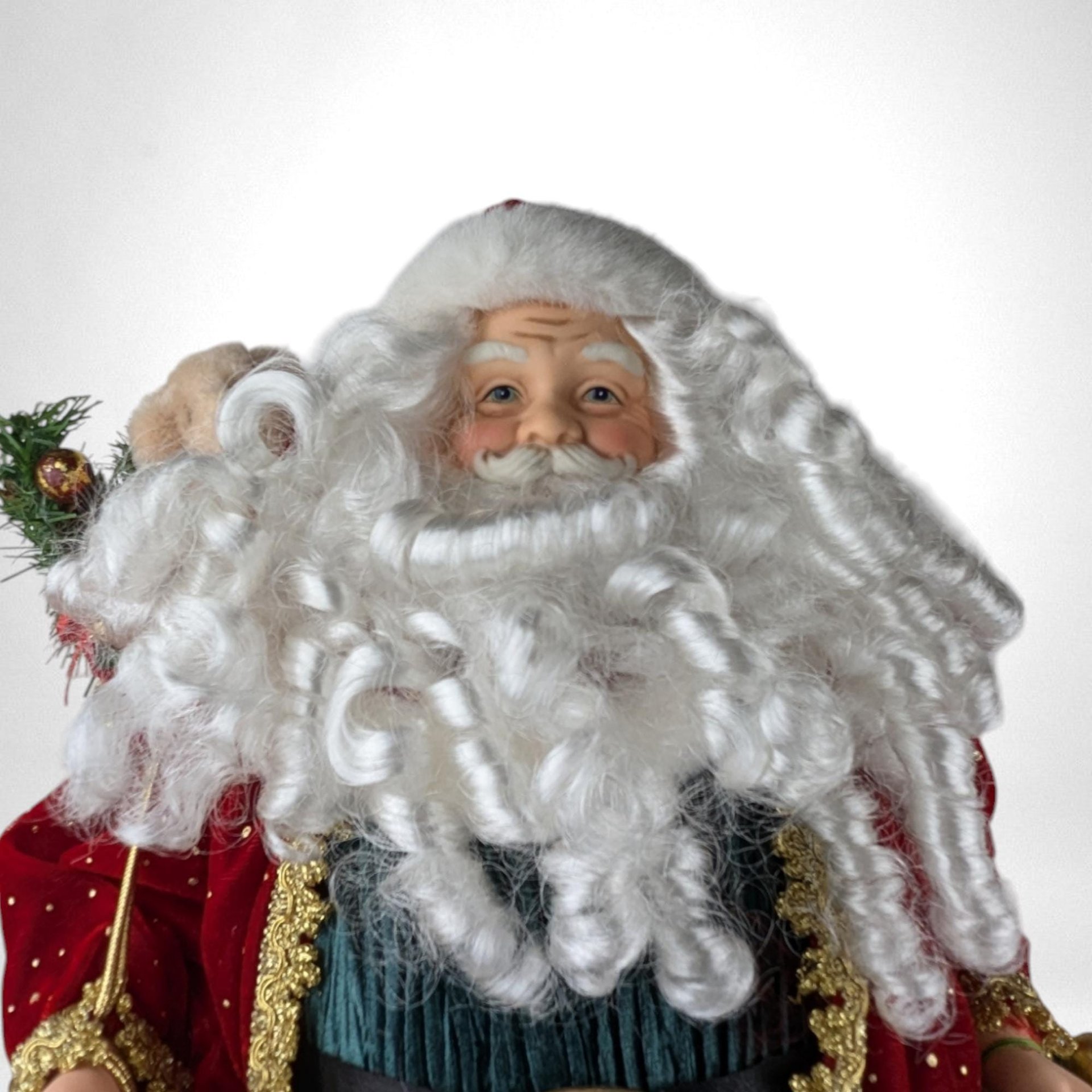 Vintage Standing Santa Claus Figure with Wreath and Teddy Bear | 18" Porcelain Hands and Feet | Christmas Decor