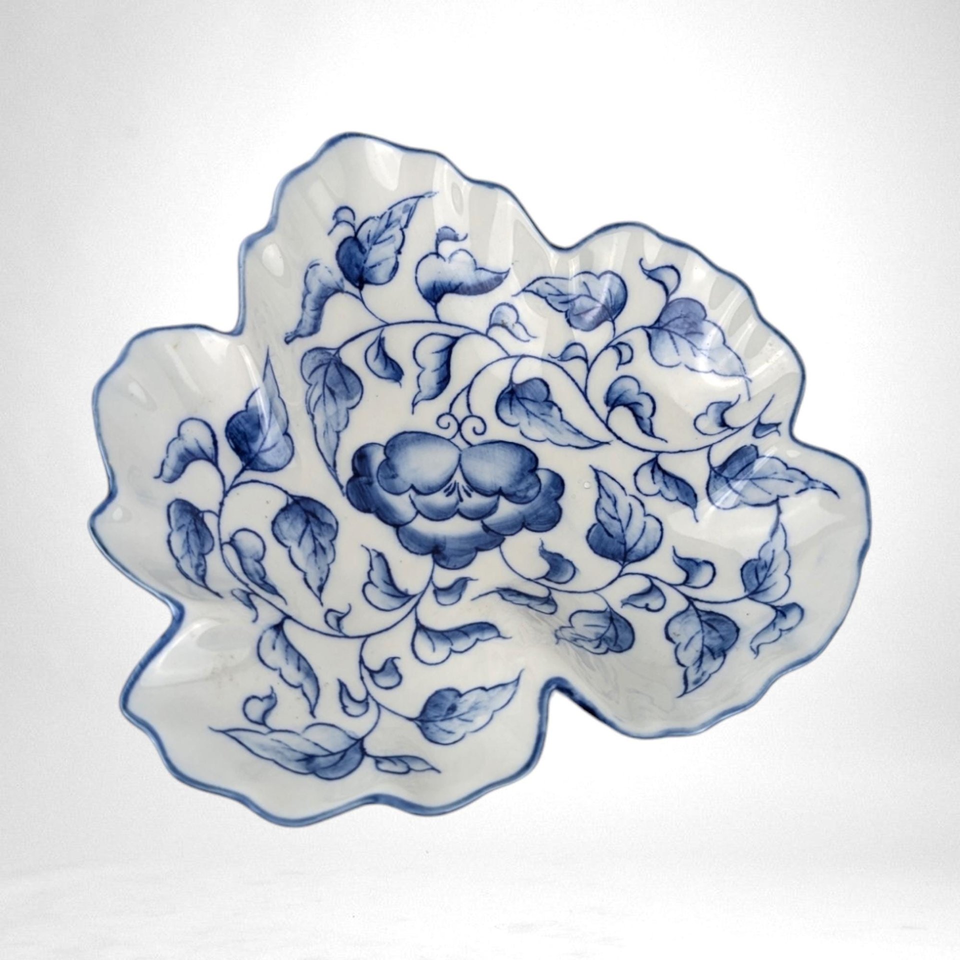 Vintage Andrea by Sadek Trinket Dish | Blue and White Porcelain Dish | Leaf Shaped Dish | Ring Dish | Vanity Tray