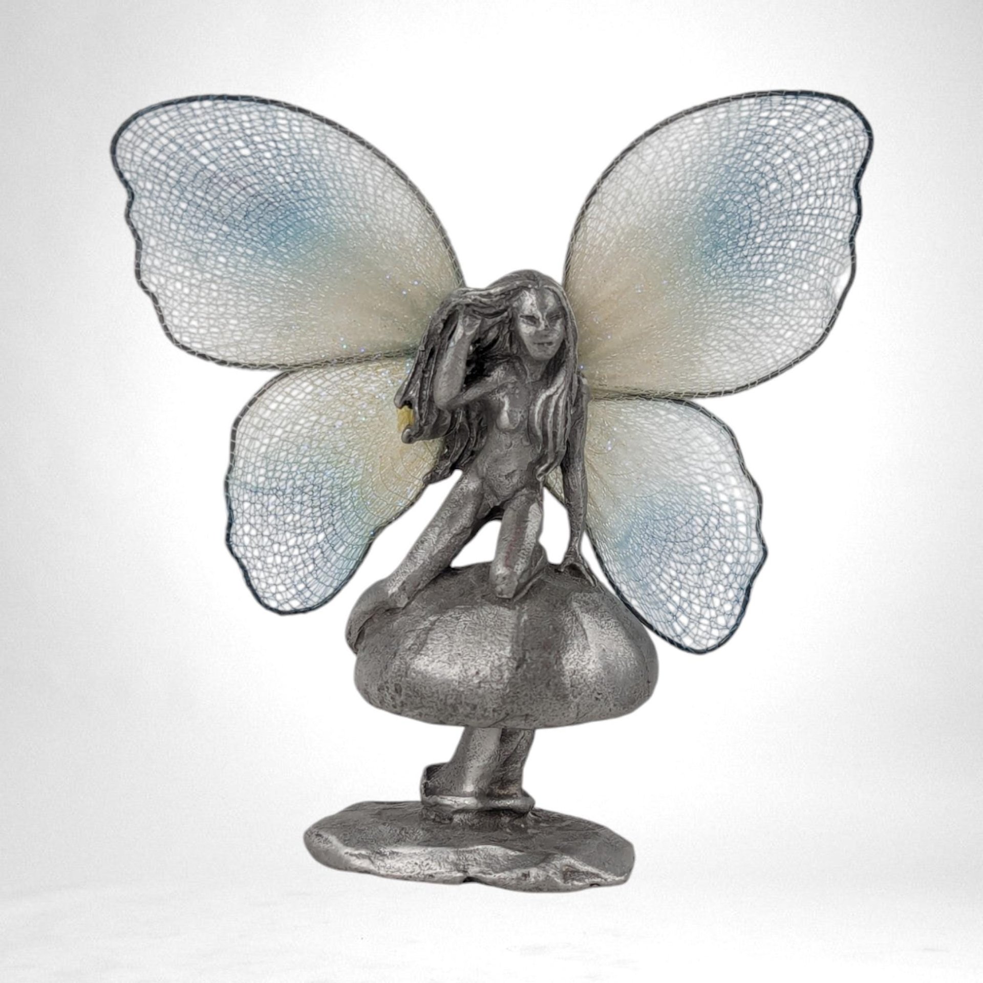 Vintage Pewter Fairy on Mushroom Figurine, Collectible Fantasy Decor, Gift for Fairy Lovers