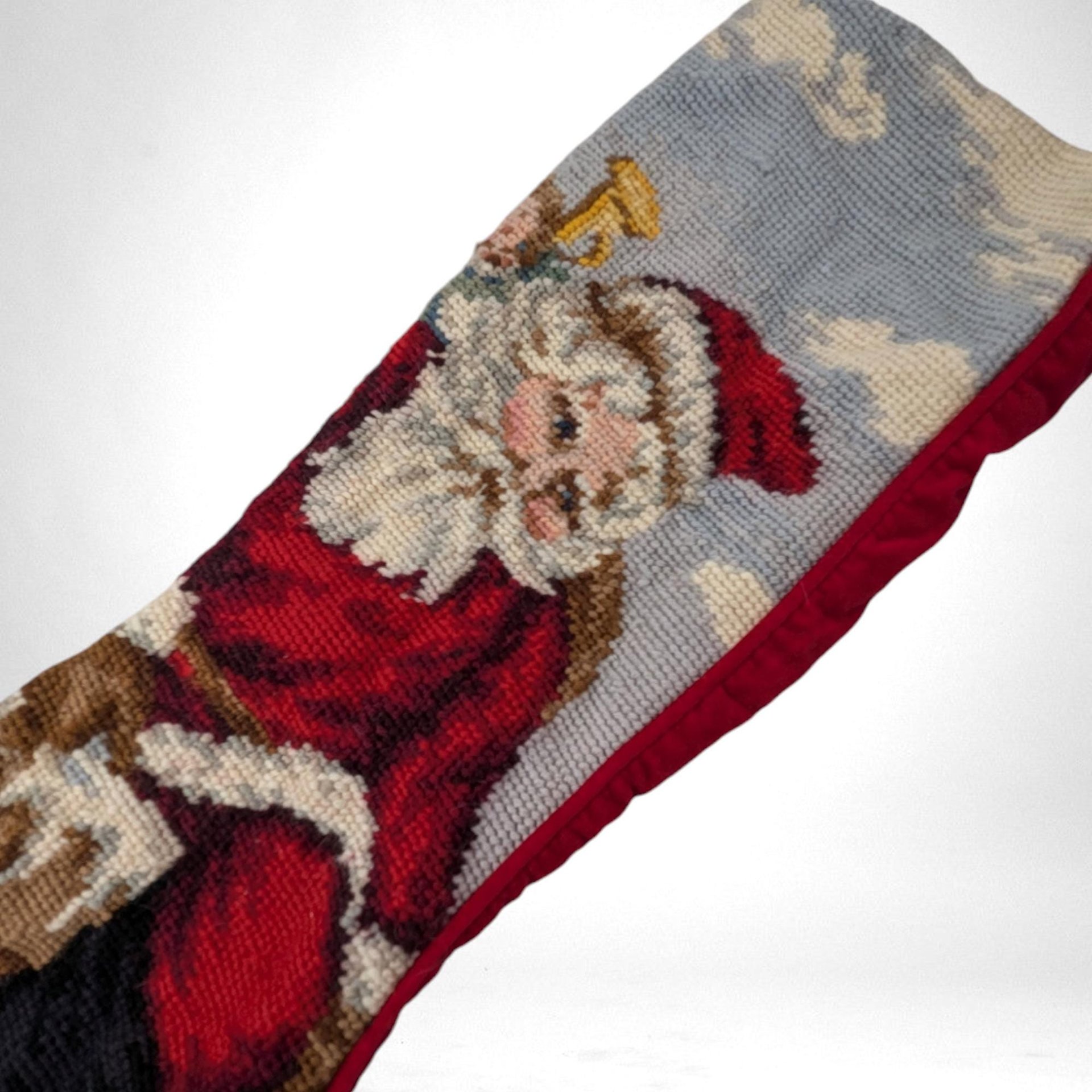 Vintage Santa in Chimney Needlepoint Christmas Stocking, 20", Hand-Stitched Holiday Decor