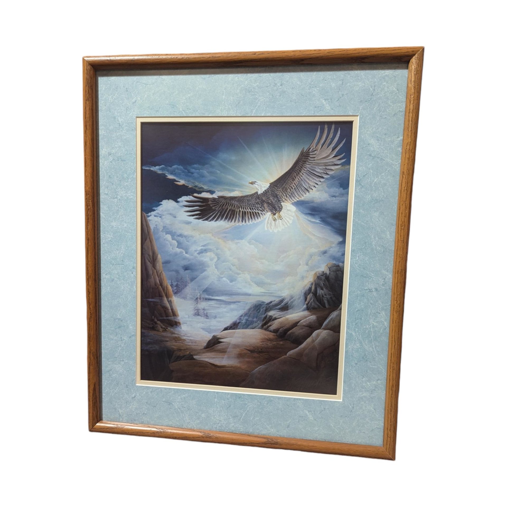 Vintage Dave Krech "On the Wings of Freedom" Framed Eagle Print, Wildlife Art, Inspirational Home Decor, American Bald Eagle | 23x19