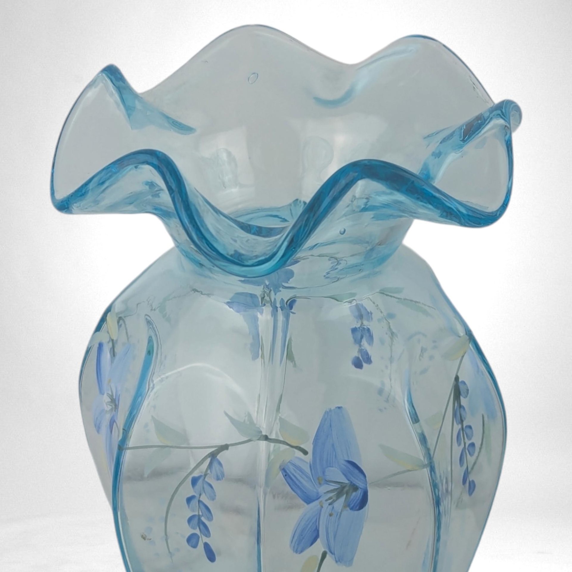 Vintage Fenton Aqua Blue Ruffled Vase, Hand Painted Floral, Victorian Style,  Art Glass, Home Decor, Wedding Gift,  9" Tall
