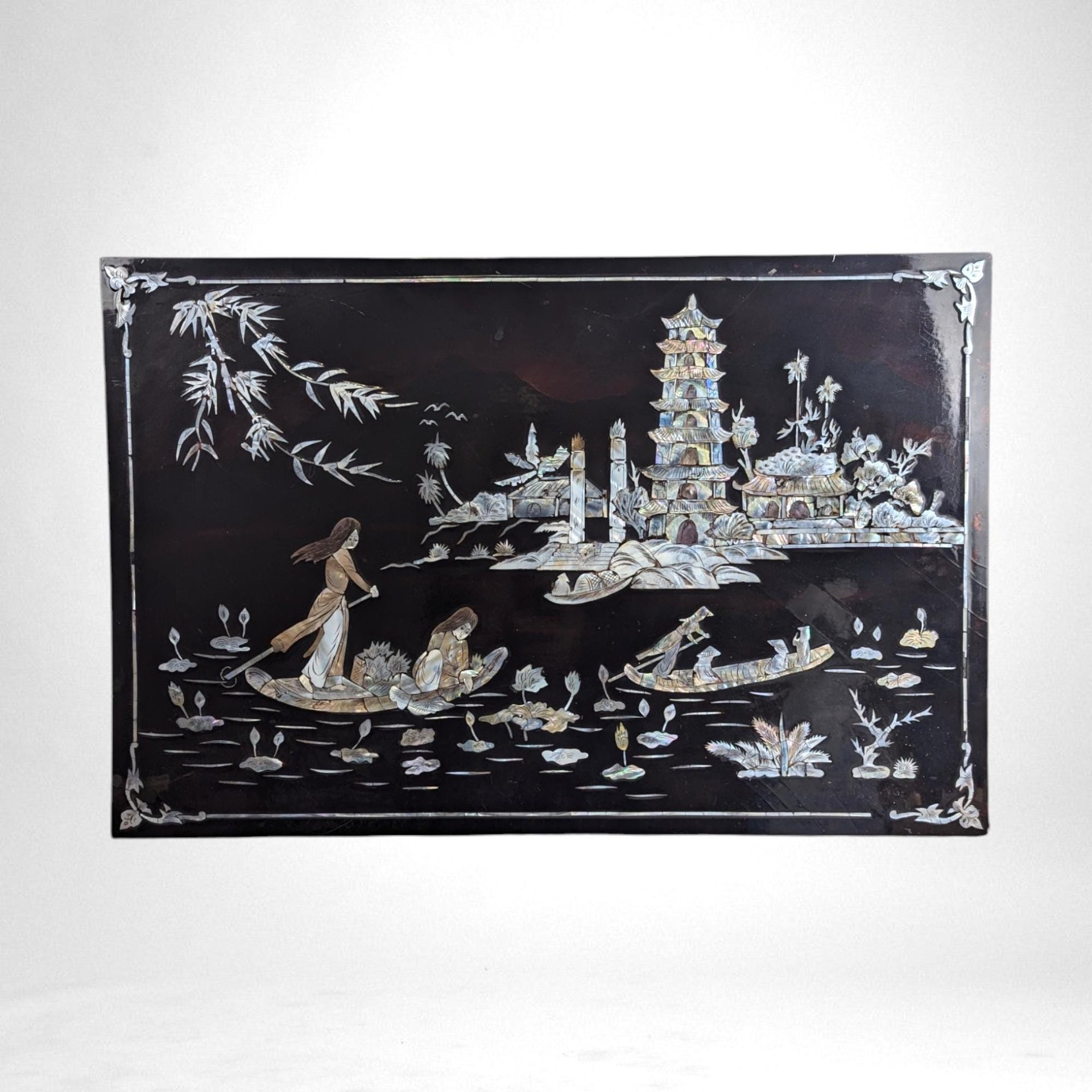 Vintage Imperect Asian Black Lacquer Mother of Pearl Inlay Wall Art, Oriental Scene,  Wall Decor,  Asian Art