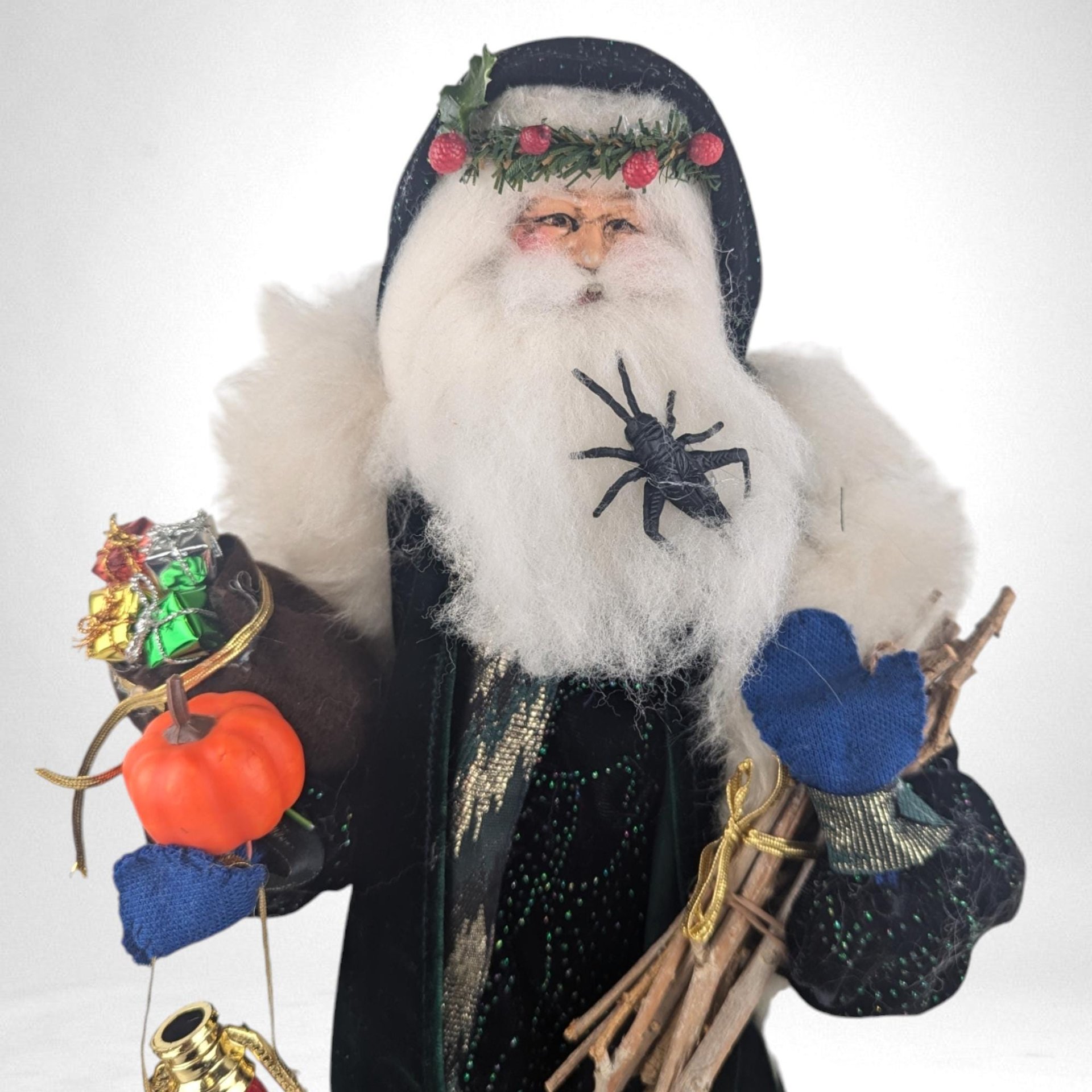 Vintage Halloween Santa Figurine, Velvet Robe, Lantern, Skulls, Spooky Christmas Decor, Unique Holiday Gift, Altered Art