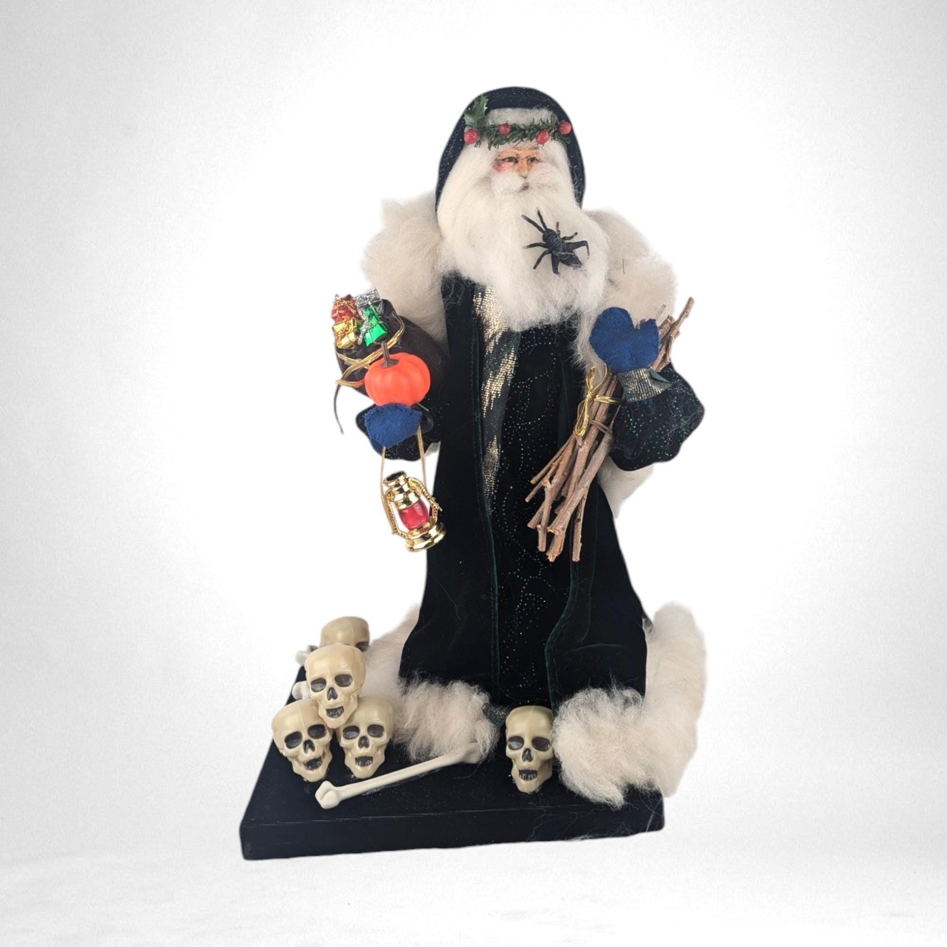 Vintage Halloween Santa Figurine, Velvet Robe, Lantern, Skulls, Spooky Christmas Decor, Unique Holiday Gift, Altered Art
