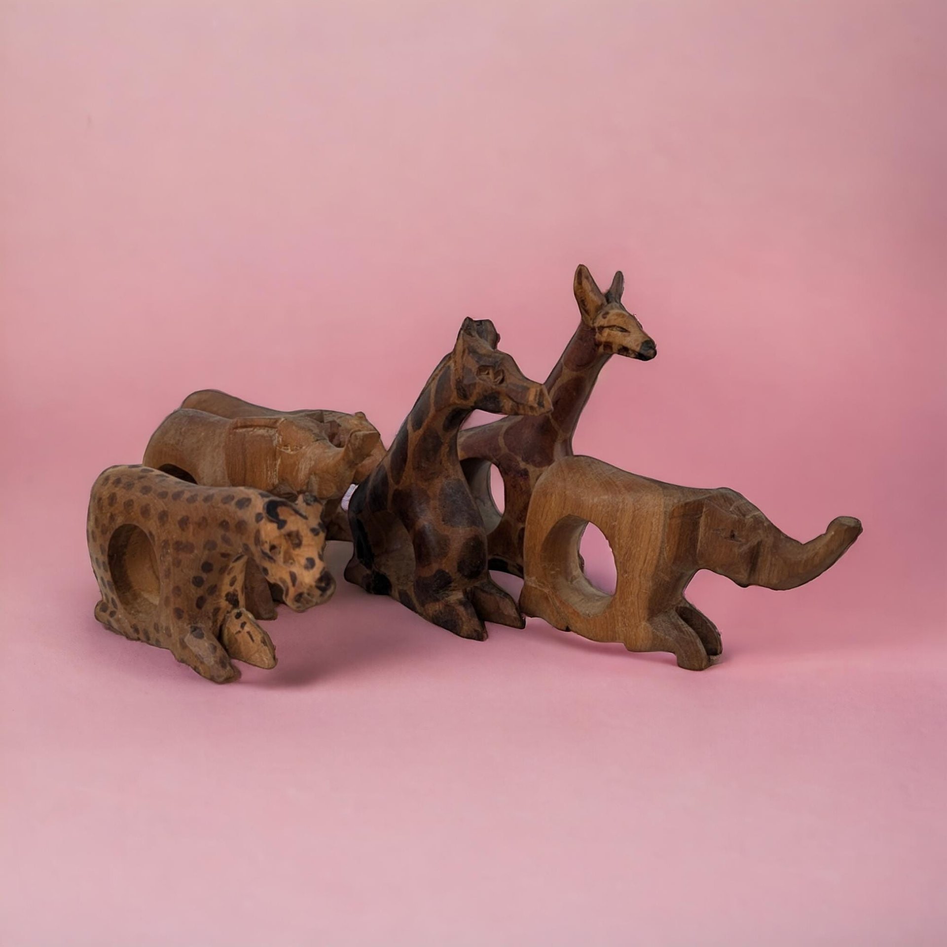Vintage Set of 5 Hand Carved Wood Animal Napkin Rings, African Safari Theme, Rustic Decor, Tabletop Accents, Imperfect