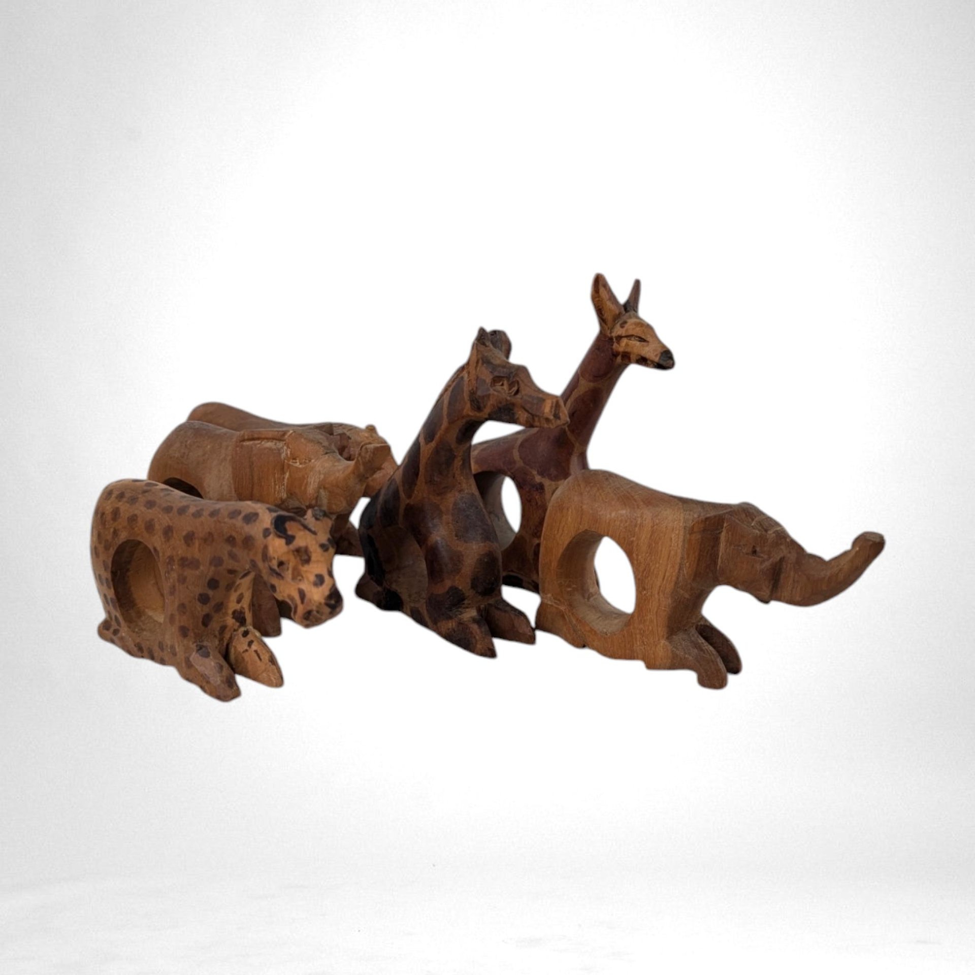 Vintage Set of 5 Hand Carved Wood Animal Napkin Rings, African Safari Theme, Rustic Decor, Tabletop Accents, Imperfect
