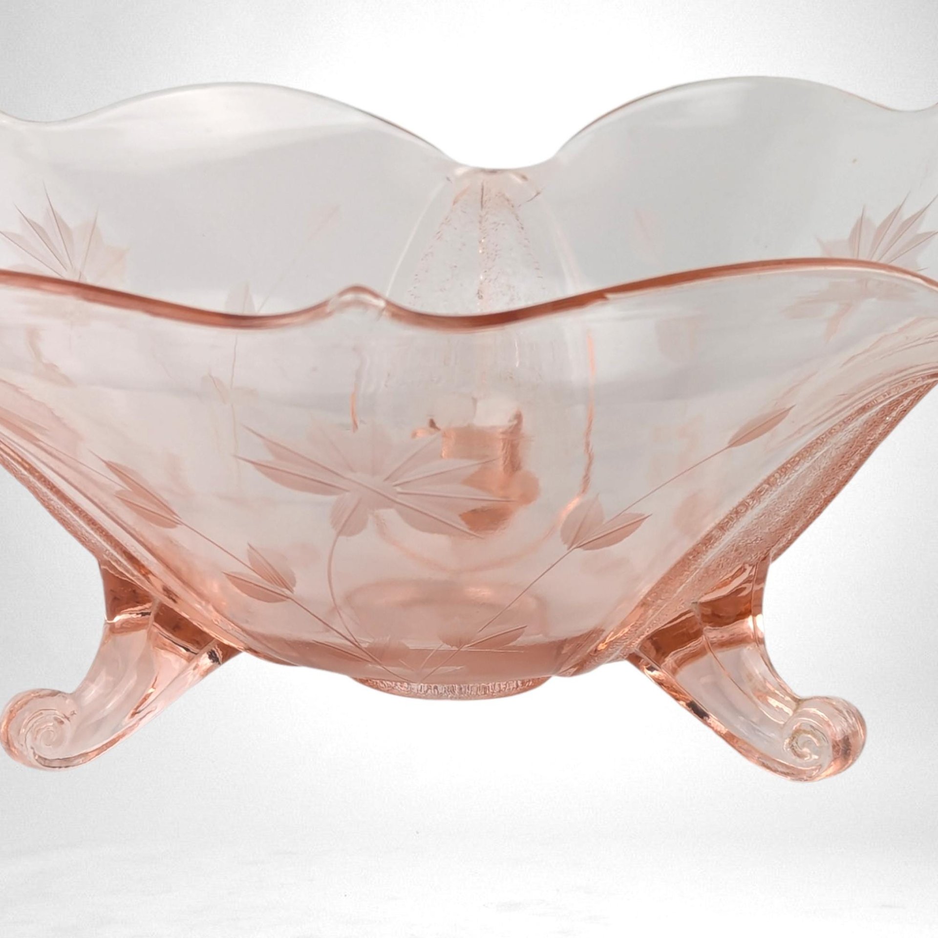 Vintage Pink Depression Glass 3-Toed Bowl, Lancaster Glass Co., Floral Design, Collectible