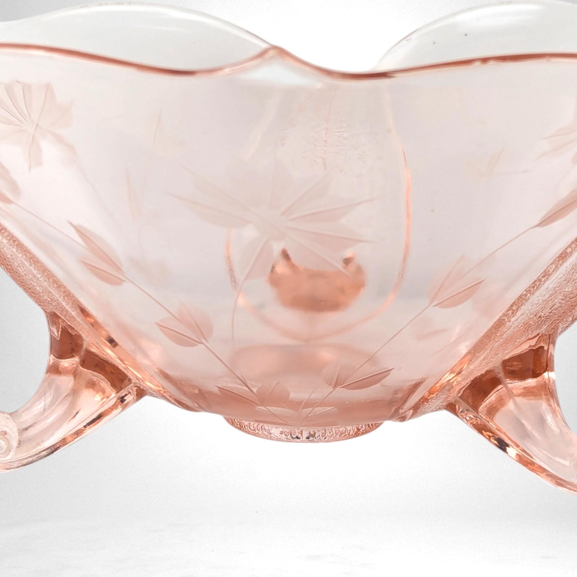 Vintage Pink Depression Glass 3-Toed Bowl, Lancaster Glass Co., Floral Design, Collectible