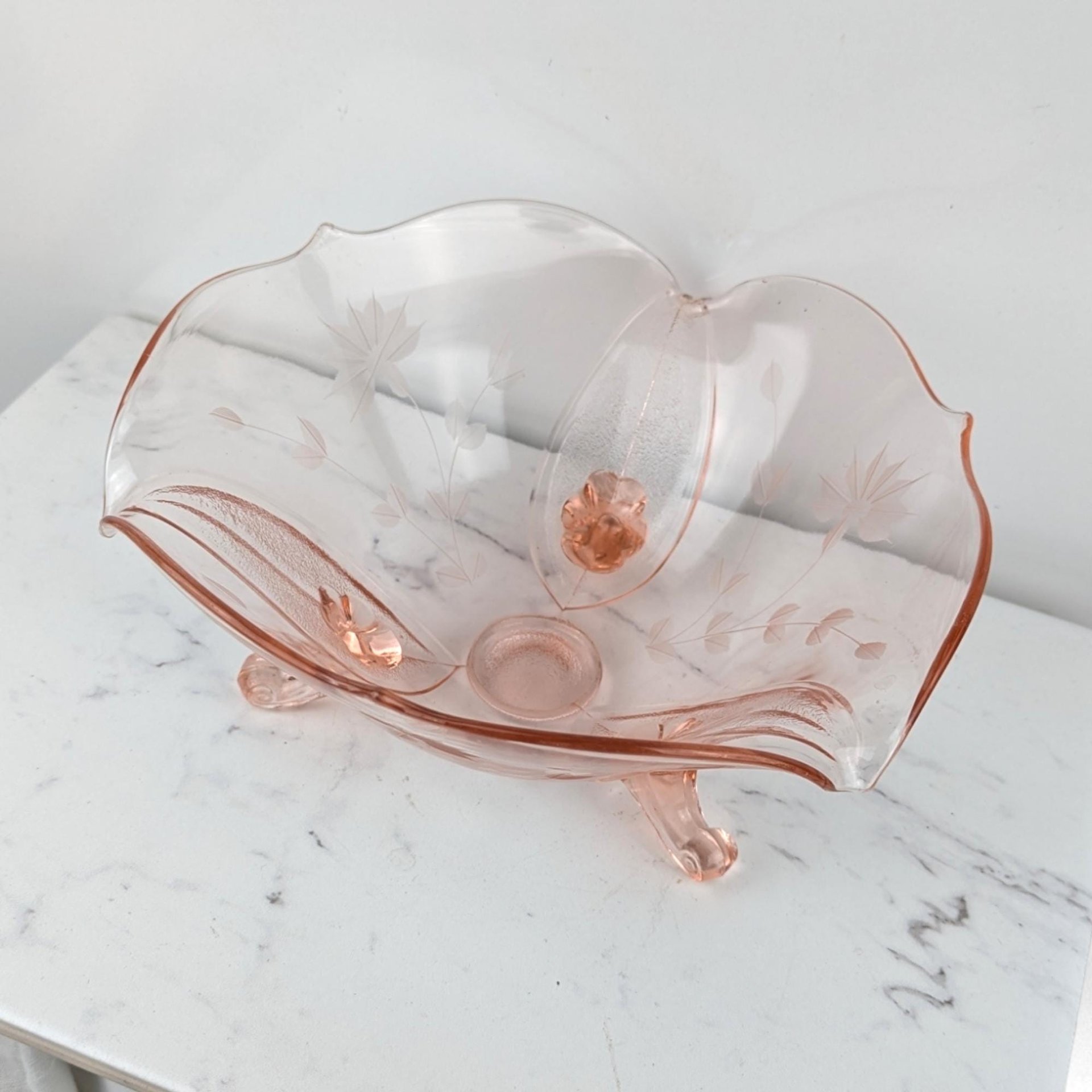 Vintage Pink Depression Glass 3-Toed Bowl, Lancaster Glass Co., Floral Design, Collectible