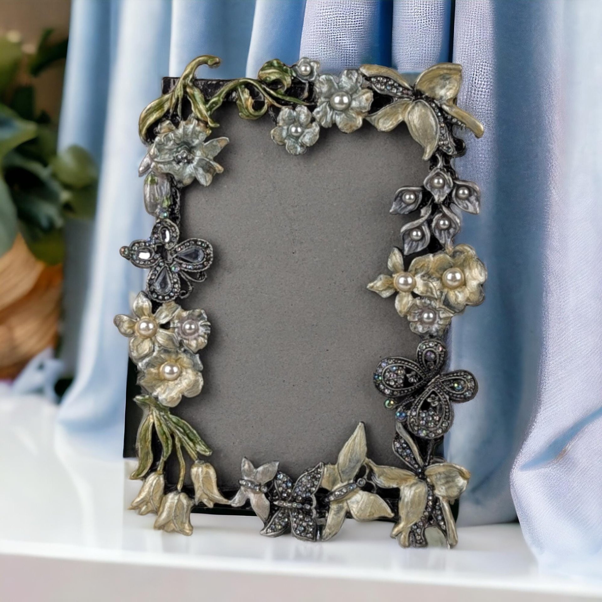 Vintage Sicura Metal and Enamel Picture Frame, Floral Butterfly Design, 4x6 Photo, Home Decor, Gift for Her