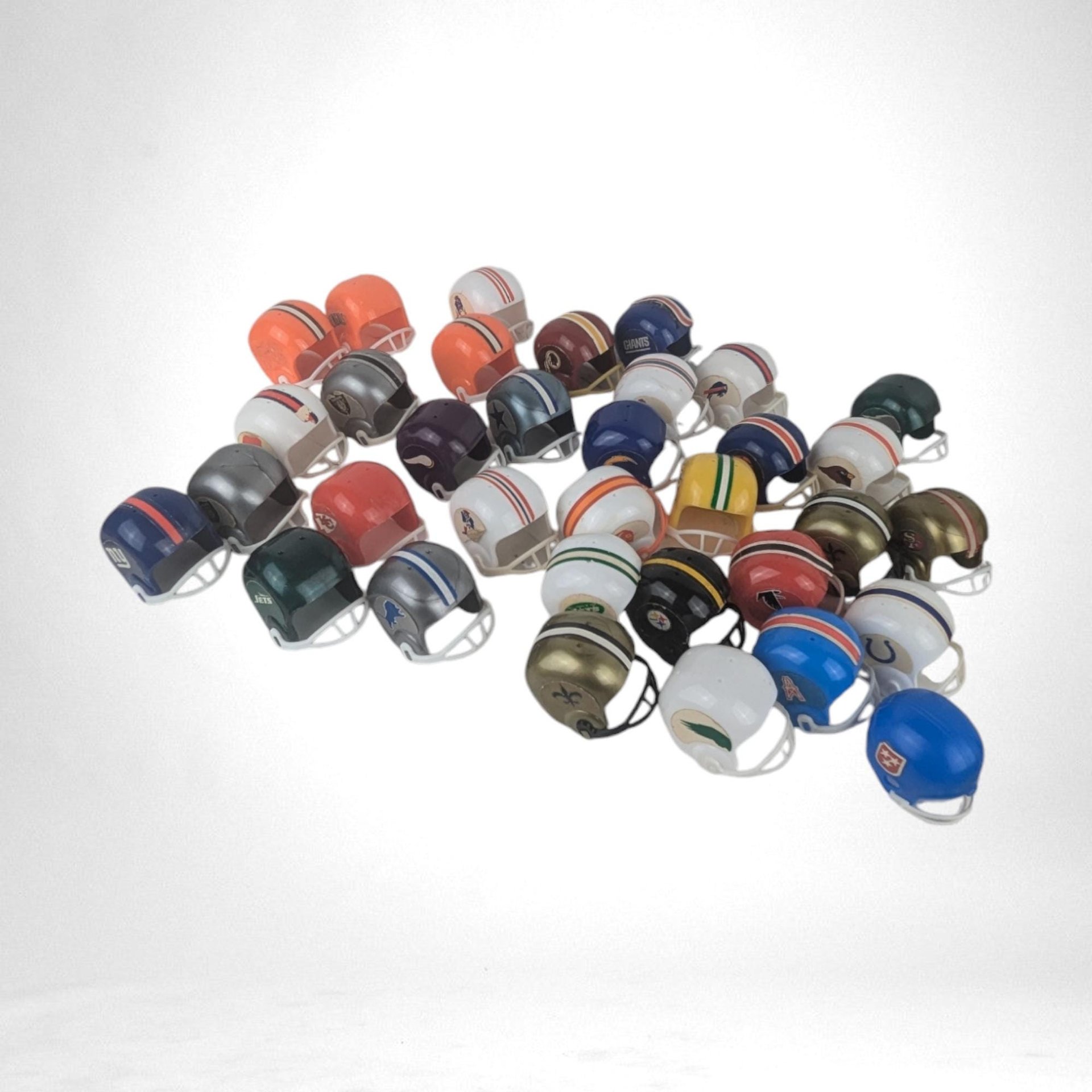 Vintage Vending Machine Mini Football Helmets, Lot of 27, Collectible NFL Sports Memorabilia, Retro Toy Helmets