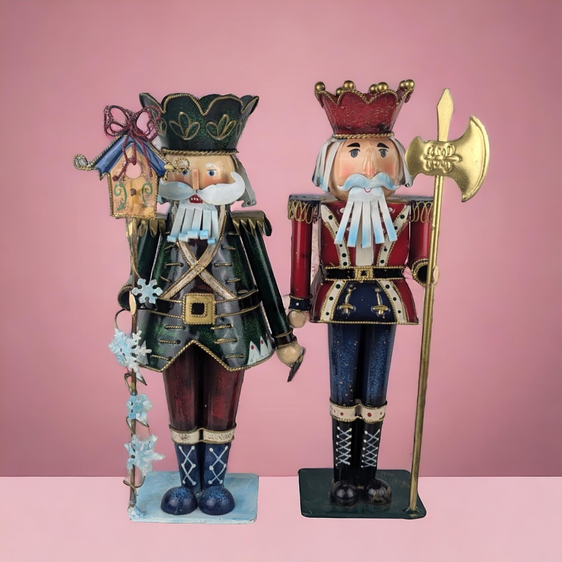 Pair of Vintage Metal Nutcrackers |  13" Soldier Figurines | Christmas Decorations |  Red & Green |  Holiday Decor | Unique Gift