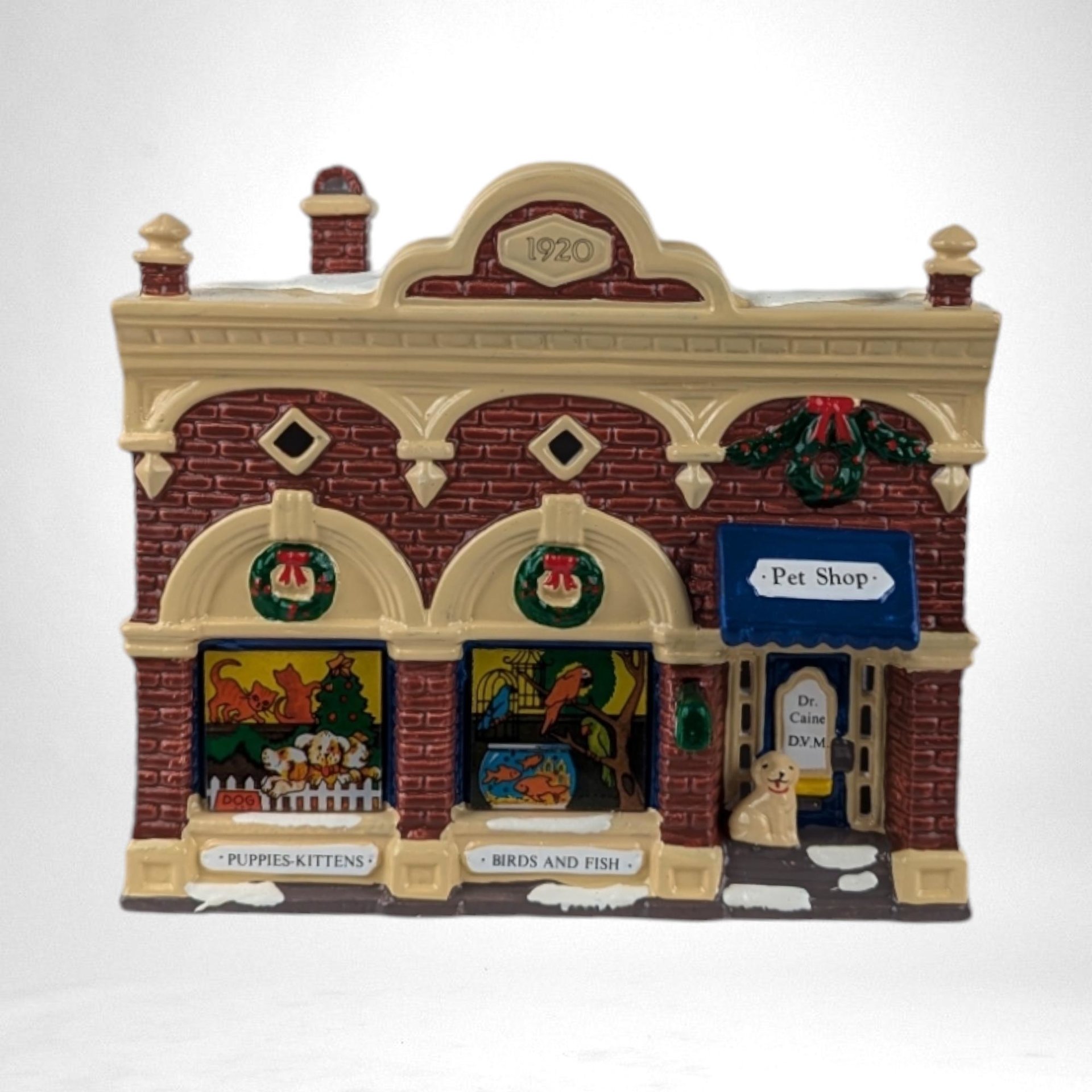 Vintage 1992 Department 56 Snow Village "Village Vet and Pet Shop" - Lighted Ceramic Building - Christmas Village Collectible