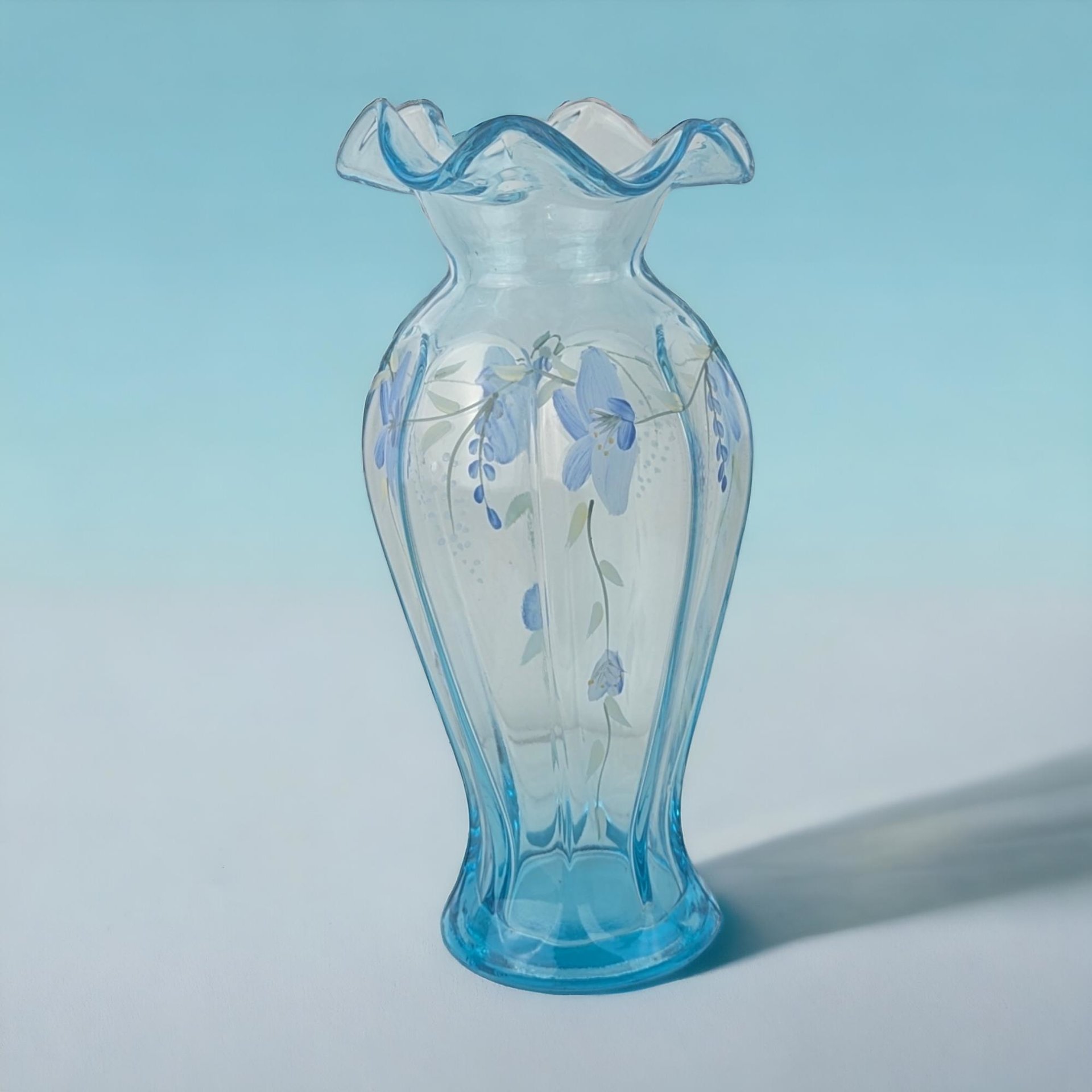 Vintage Fenton Aqua Blue Ruffled Vase, Hand Painted Floral, Victorian Style,  Art Glass, Home Decor, Wedding Gift,  9" Tall