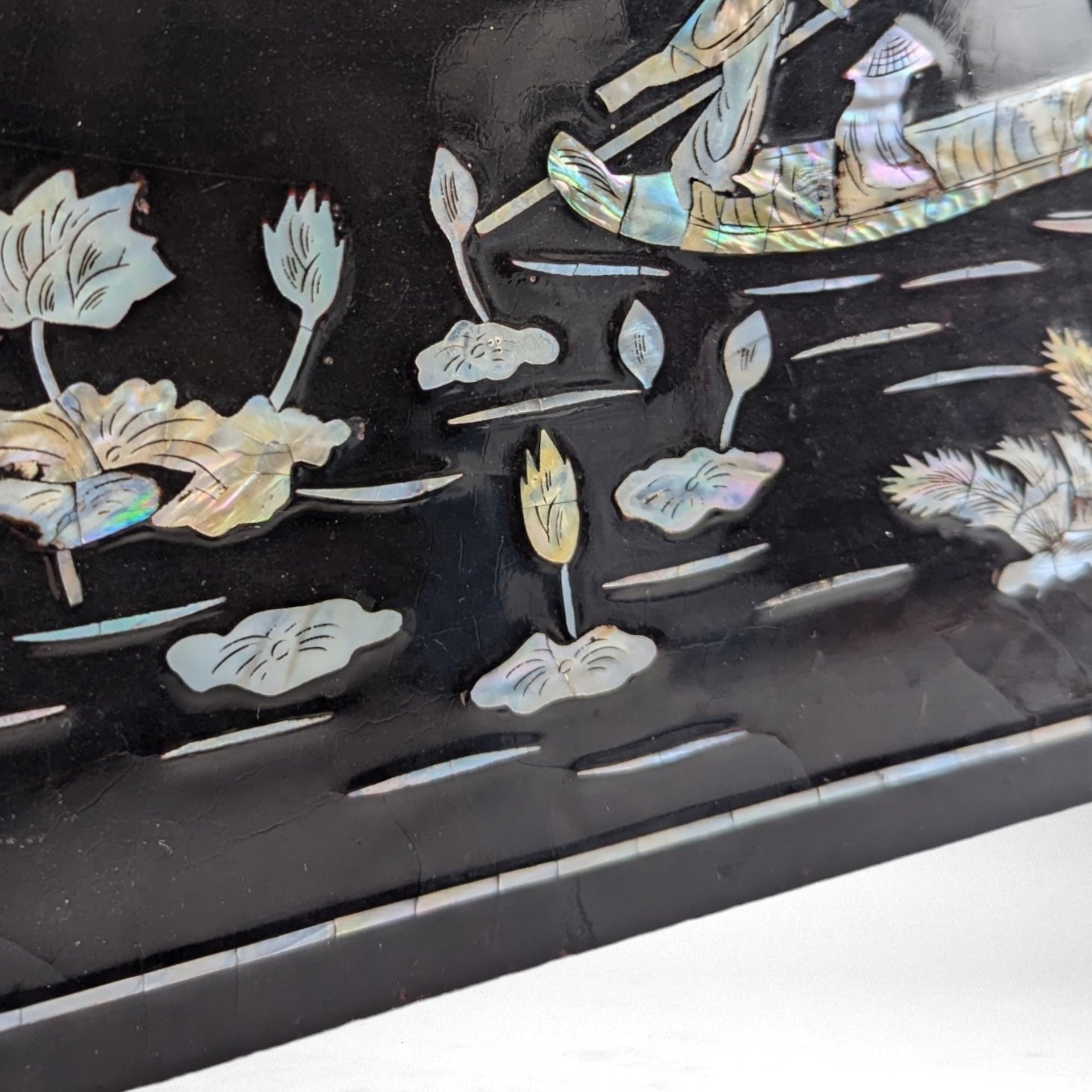 Vintage Imperect Asian Black Lacquer Mother of Pearl Inlay Wall Art, Oriental Scene,  Wall Decor,  Asian Art