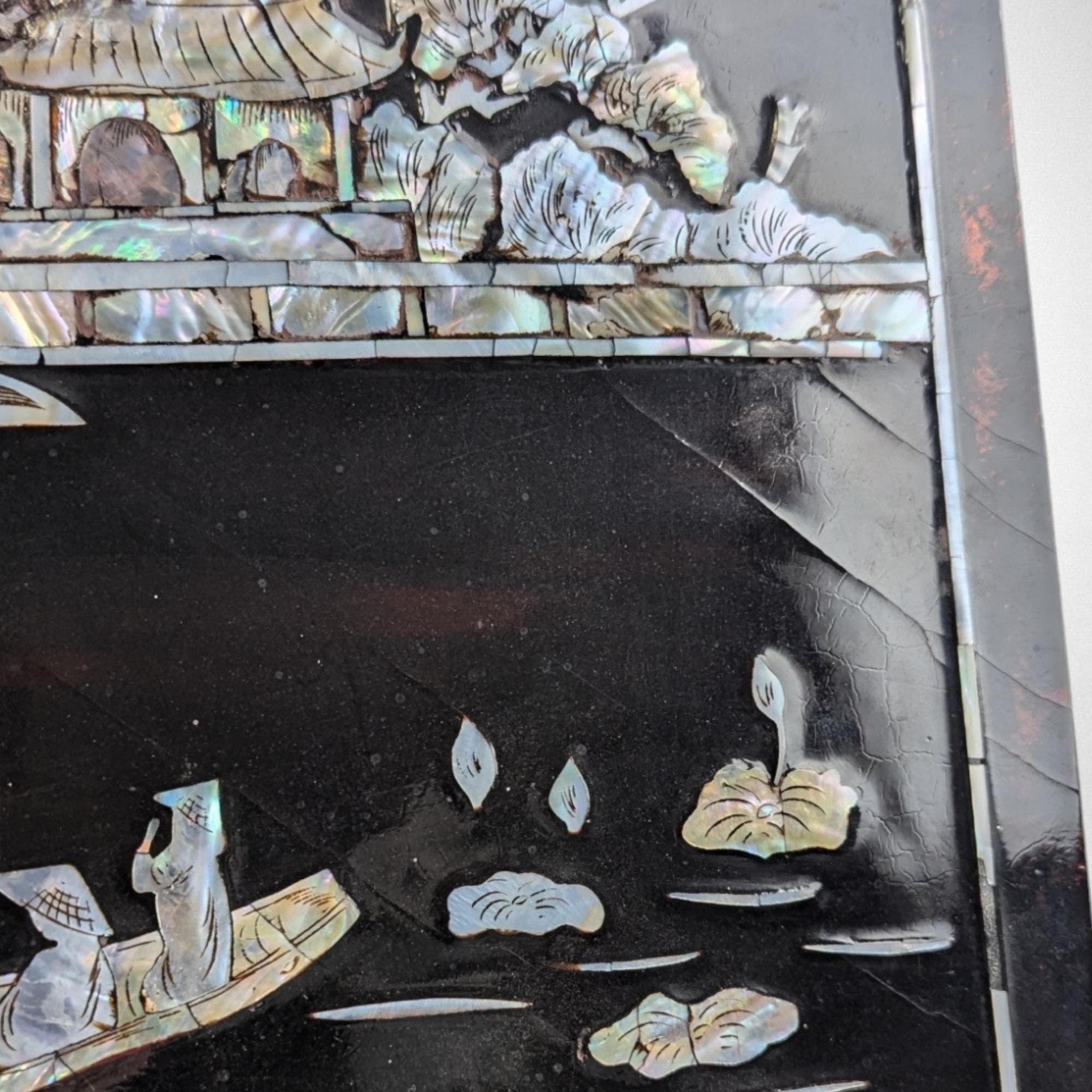 Vintage Imperect Asian Black Lacquer Mother of Pearl Inlay Wall Art, Oriental Scene,  Wall Decor,  Asian Art