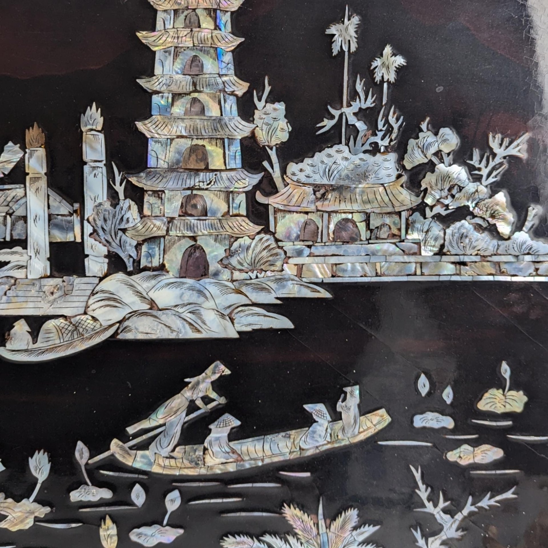 Vintage Imperect Asian Black Lacquer Mother of Pearl Inlay Wall Art, Oriental Scene,  Wall Decor,  Asian Art