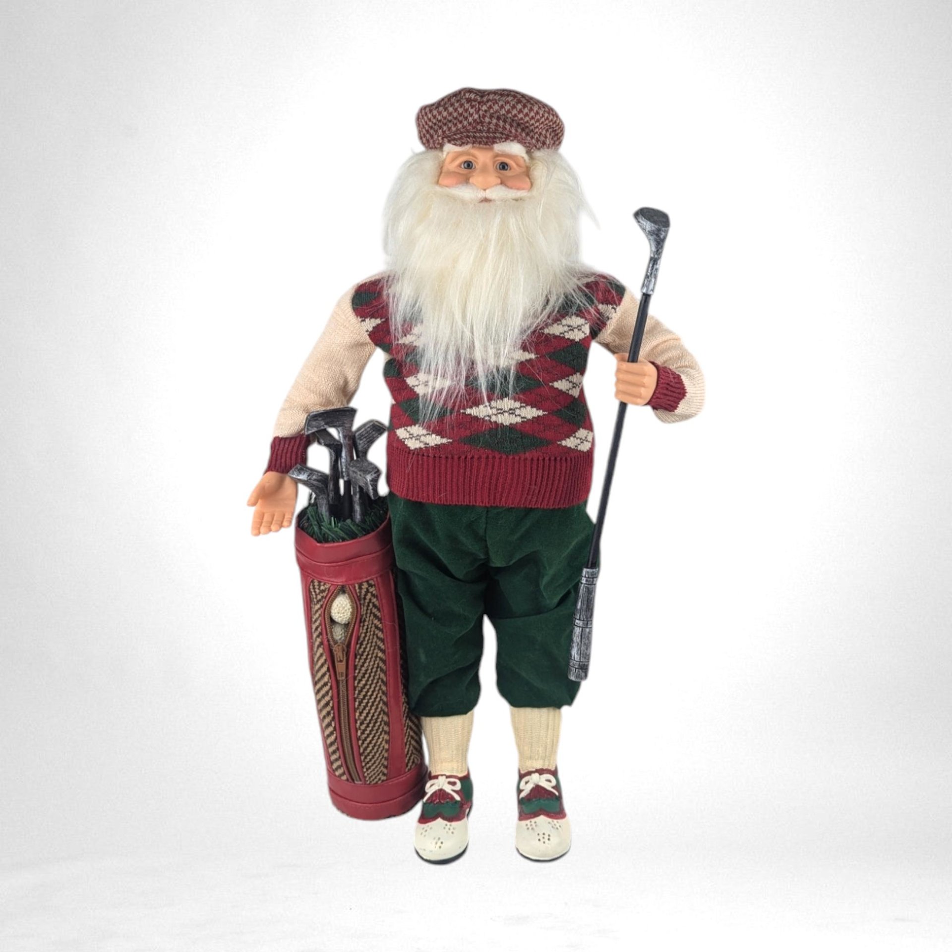 Vintage Golfing Santa Figure, Santa Claus with Argyle Sweater, Christmas Golfer Decoration, Holiday Decor, Unique Santa
