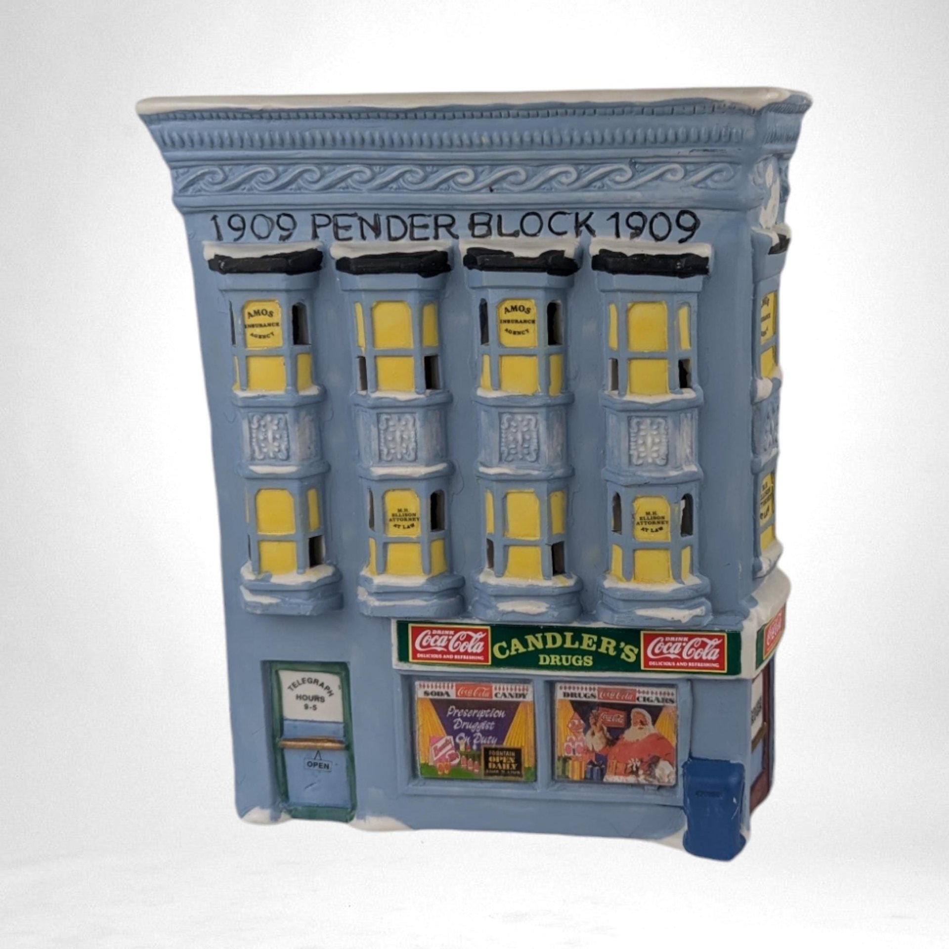 Vintage Coca-Cola Town Square Drug Store Building, Light-Up Christmas Village, 8.5" Ceramic Collectible