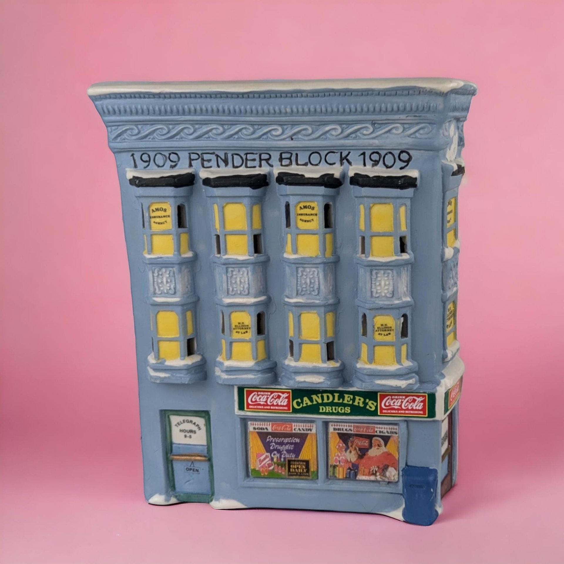 Vintage Coca-Cola Town Square Drug Store Building, Light-Up Christmas Village, 8.5" Ceramic Collectible