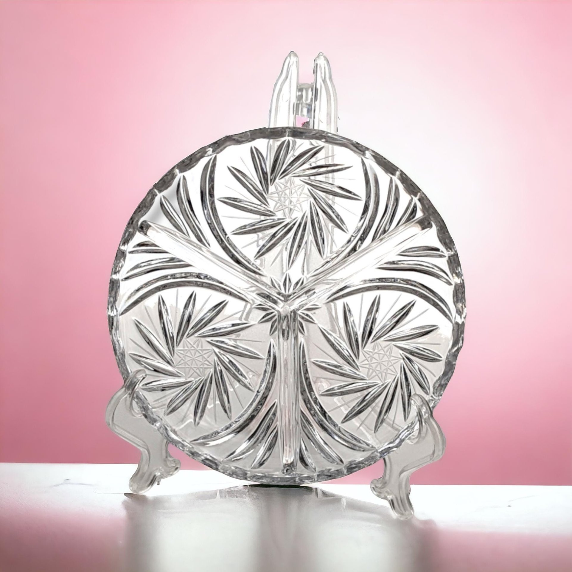 Vintage American Cut Crystal Relish Dish, Pinwheel Pattern, Divided Serving Dish, Appetizer Tray, Party Dish, Entertaining