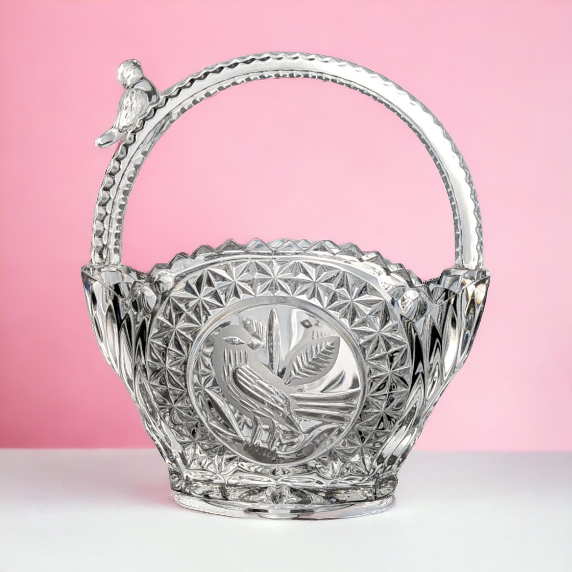 Hofbauer Byrdes Collection Glass Basket | Etched Bird Design | Vintage Crystal Basket | Made in Germany