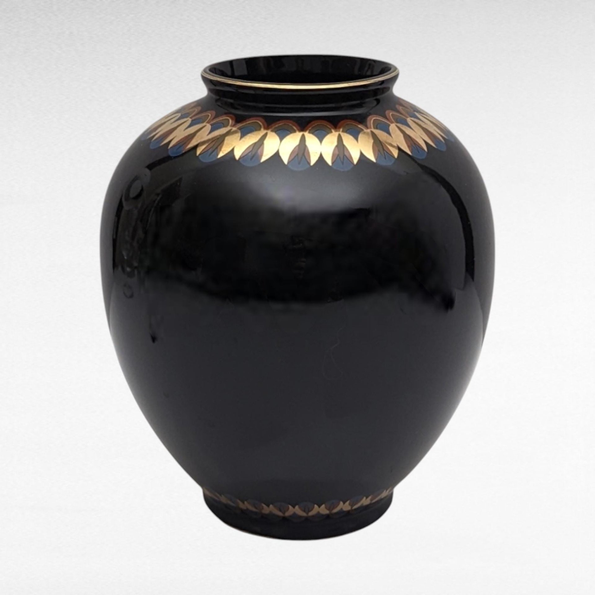 Vintage Japanese Black Porcelain Vase with Peacock | Gold Accents | Floral Design | 7.25 Inches