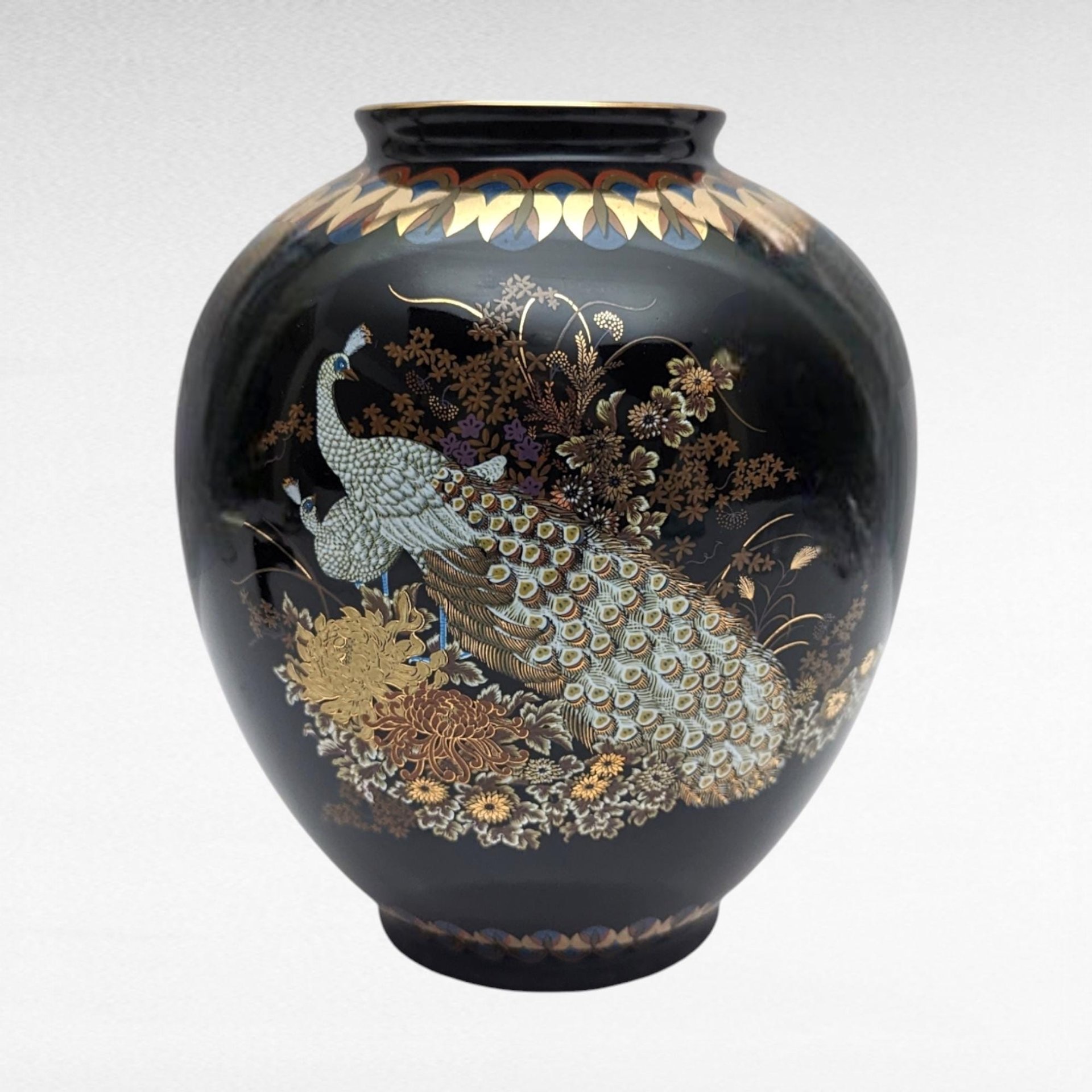 Vintage Japanese Black Porcelain Vase with Peacock | Gold Accents | Floral Design | 7.25 Inches