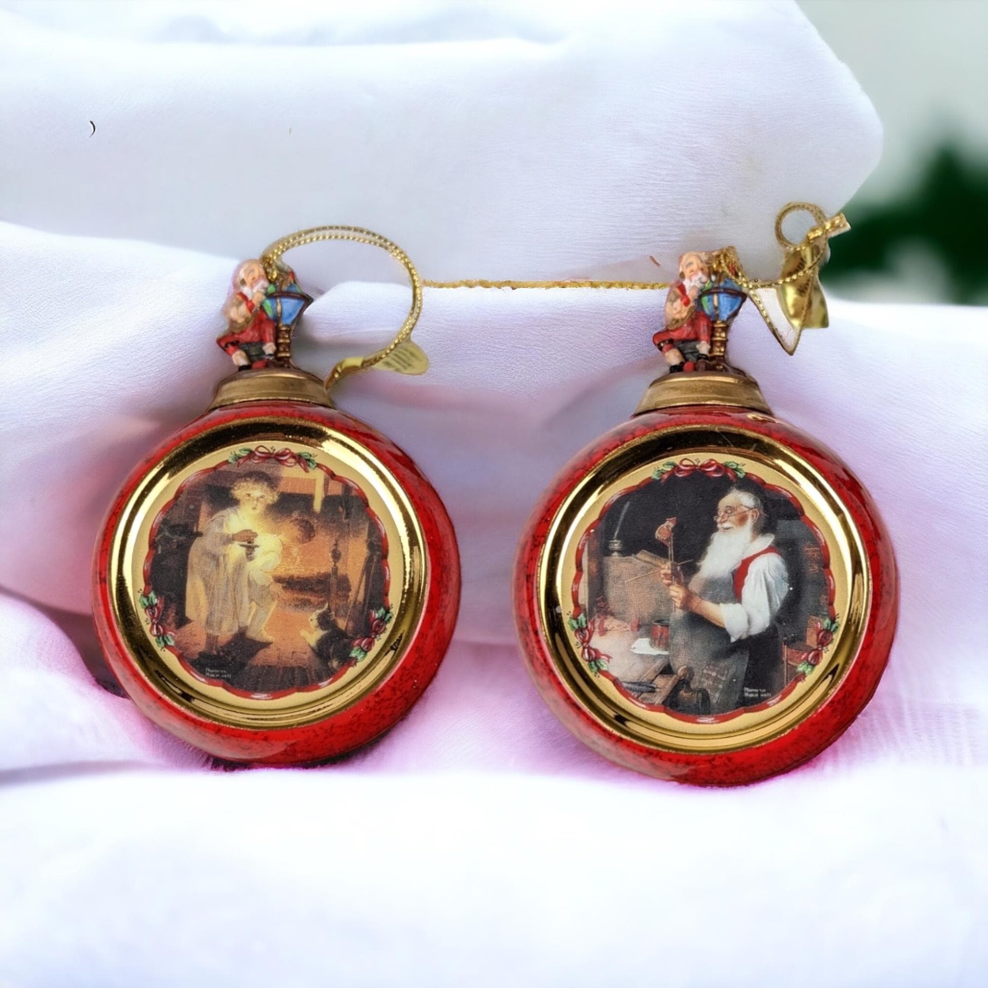 Pair Vintage 1999 Bradford Exchange Norman Rockwell Porcelain Christmas Ornaments, "Is He Coming Yet?" & Santa's Workshop, 4 1/4 Inches