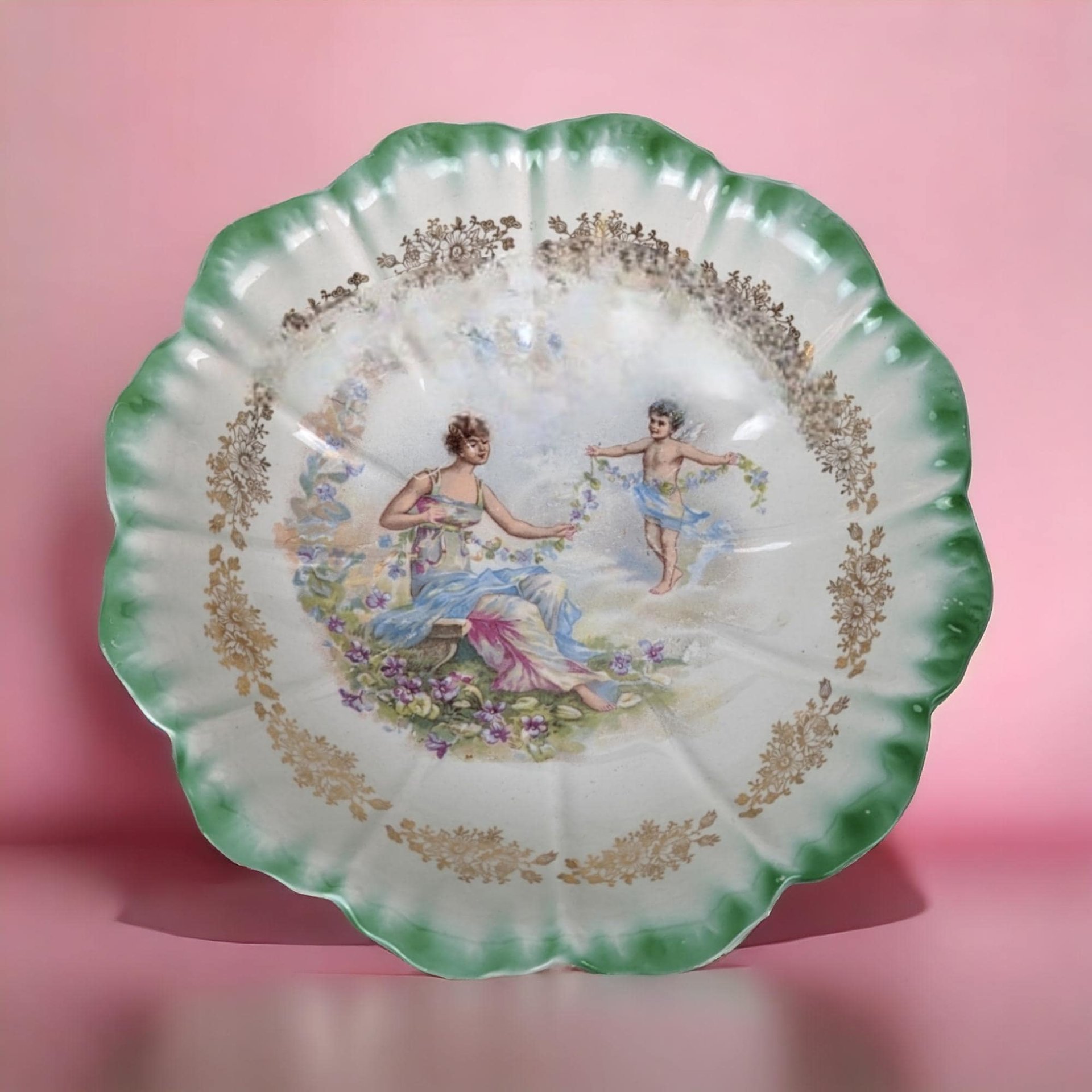 Vintage Dresden (Laurel Leaf Mark) Porcelain Bowl, Woman with Angel Motif, Green & Gold Trim, 9.25 Inches